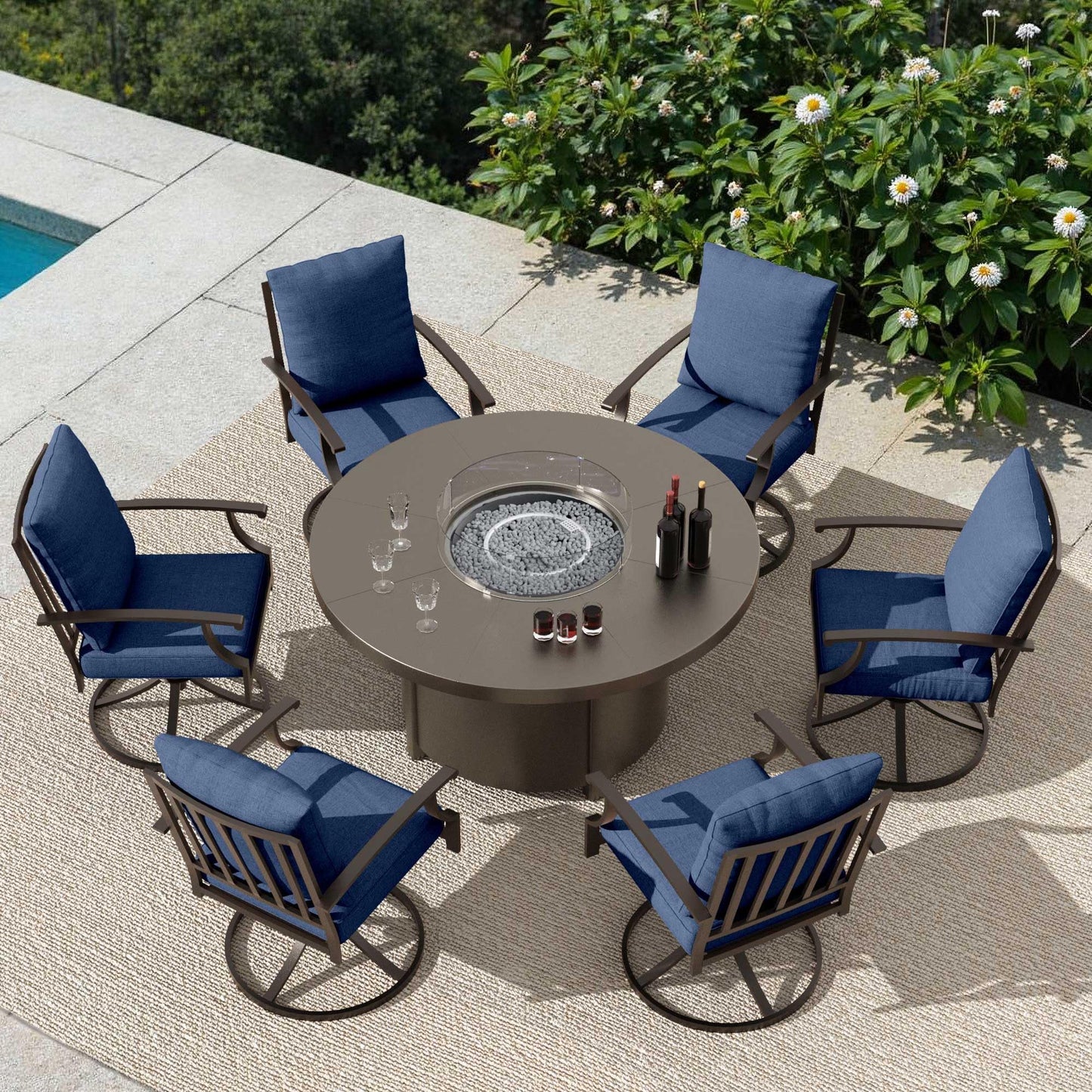 ALAULM 7PCS Metal Outdoor Patio Furniture Set with 48"/55000 BTU Round Fire Pit Table,Outdoor Dining Table Set 6 Swivel Chairs No-Slip Cushions