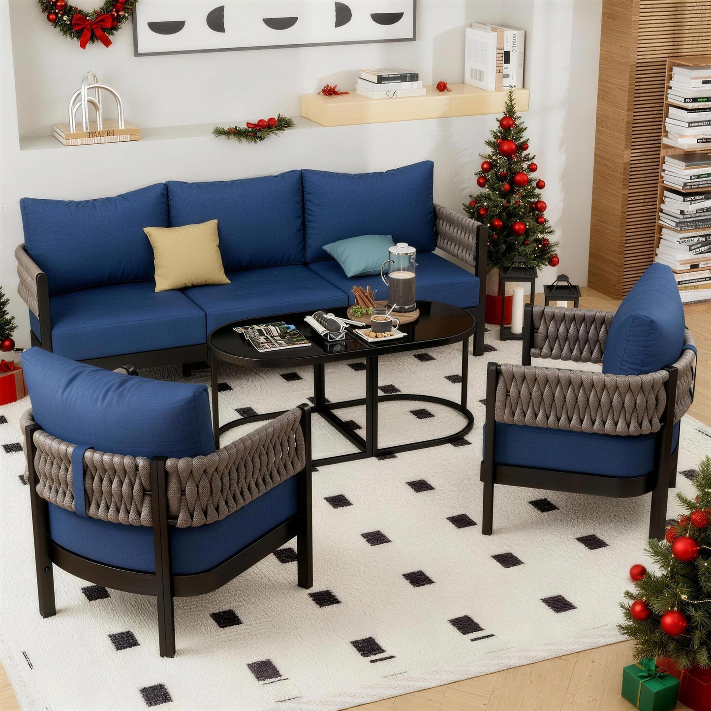Aluminum Patio Furniture Set,5 Pieces HDPE Rope Patio Conversation Sets with Modular Coffee Table,Metal Outdoor Sectional Furniture w/5.9" Thick Cushions for Porch,Deck,Backyard,Navy Blue