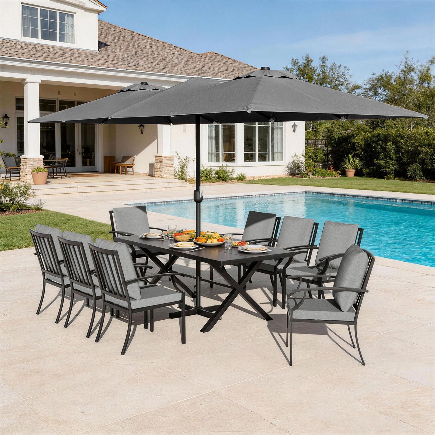 Gotland 10PCS Patio Conversation Set, Metal Outdoor Furniture Set Includes 13.6FT Umbrella, Hole Cut-Out 78.7" x 35.4" Table and 8 Metal Stackable chairs for Backyard Garden