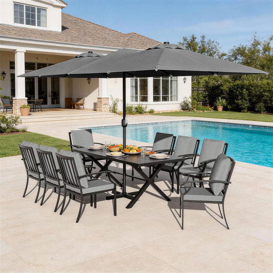 Gotland 10PCS Patio Conversation Set, Metal Outdoor Furniture Set Includes 13.6FT Umbrella, Hole Cut-Out 78.7" x 35.4" Table and 8 Metal Stackable chairs for Backyard Garden