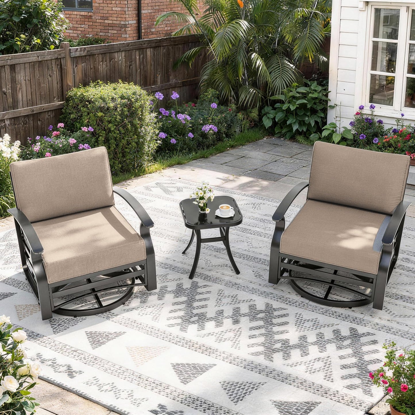 ALAULM 3 Piece Patio Set, Metal Outdoor Swivel Chairs Set of 2 with 5.1’’ High-Resilience Seat Cushions Tempered Glass Coffee Table Removable Cushions for Backyard, Lawn, Porch, Khaki