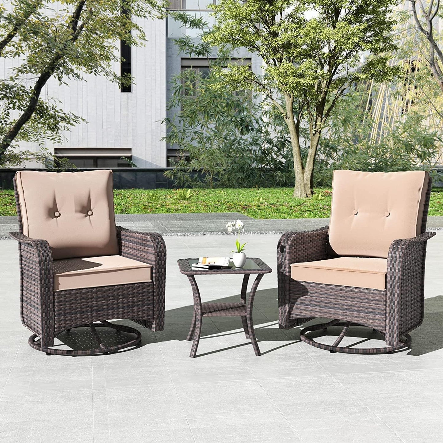 Gotland 5 Pieces Outdoor Swivel Chairs Set,Patio Wicker Rocker Chairs with 4" Thick Cushions,Side Table and Ottomans,Patio Conversation Furniture Set for Patio Porch Deck Backyard