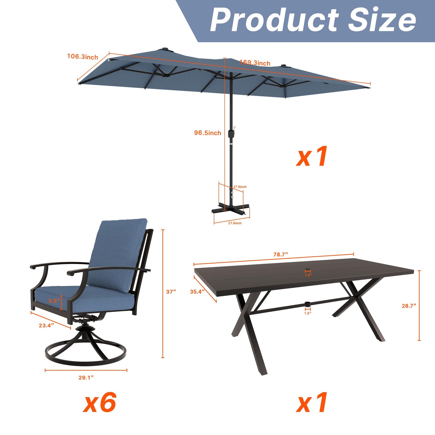 Gotland 8PCS Outdoor Patio Dining Set with 13.6ft Double-Sided Patio Umbrella, Patio Table and Chairs Metal Outdoor Patio Furniture Set, Dining Table Set with 6 Swivel Chairs