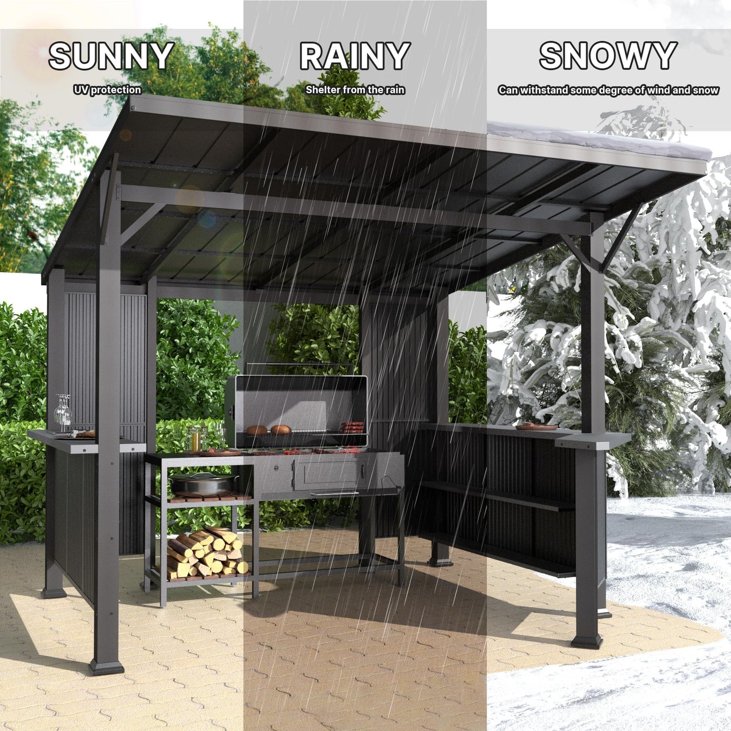 Gotland 10' x 10' Outdoor Hardtop Grill Gazebo, Steel BBQ Gazebo with Multi-Tier Shelves Permanent & Independent Countertop for Patio Backyard Lawn Garden (Dark)