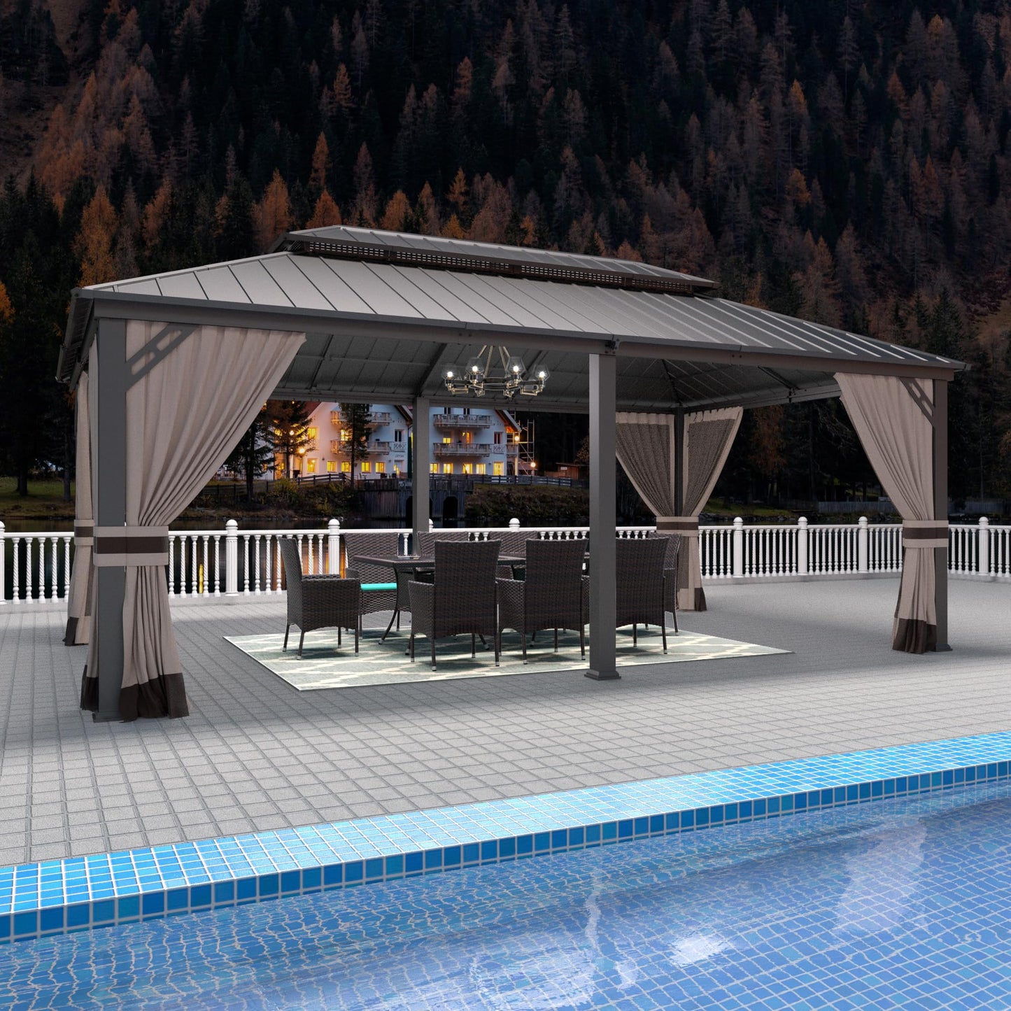 Gotland 12' x 20' Hardtop Gazebo, Outdoor Galvanized Steel Double-Roof Gazebo with Curtains and Netting for Patios, Gardens, and Lawns