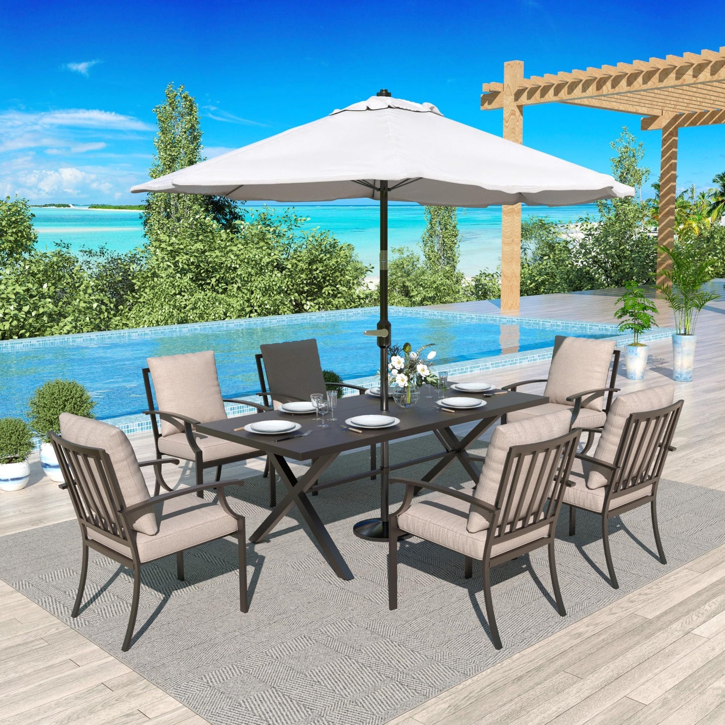 Gotland 7 Piece Outdoor Dining Set, Metal Outdoor Table and Chairs with X-Shaped Legs 1.5" Umbrella Hole, Patio Furniture Set with Waterproof Cushions, Patio Dining Sets for Backyard Deck ,Sand 5 out of 5 stars