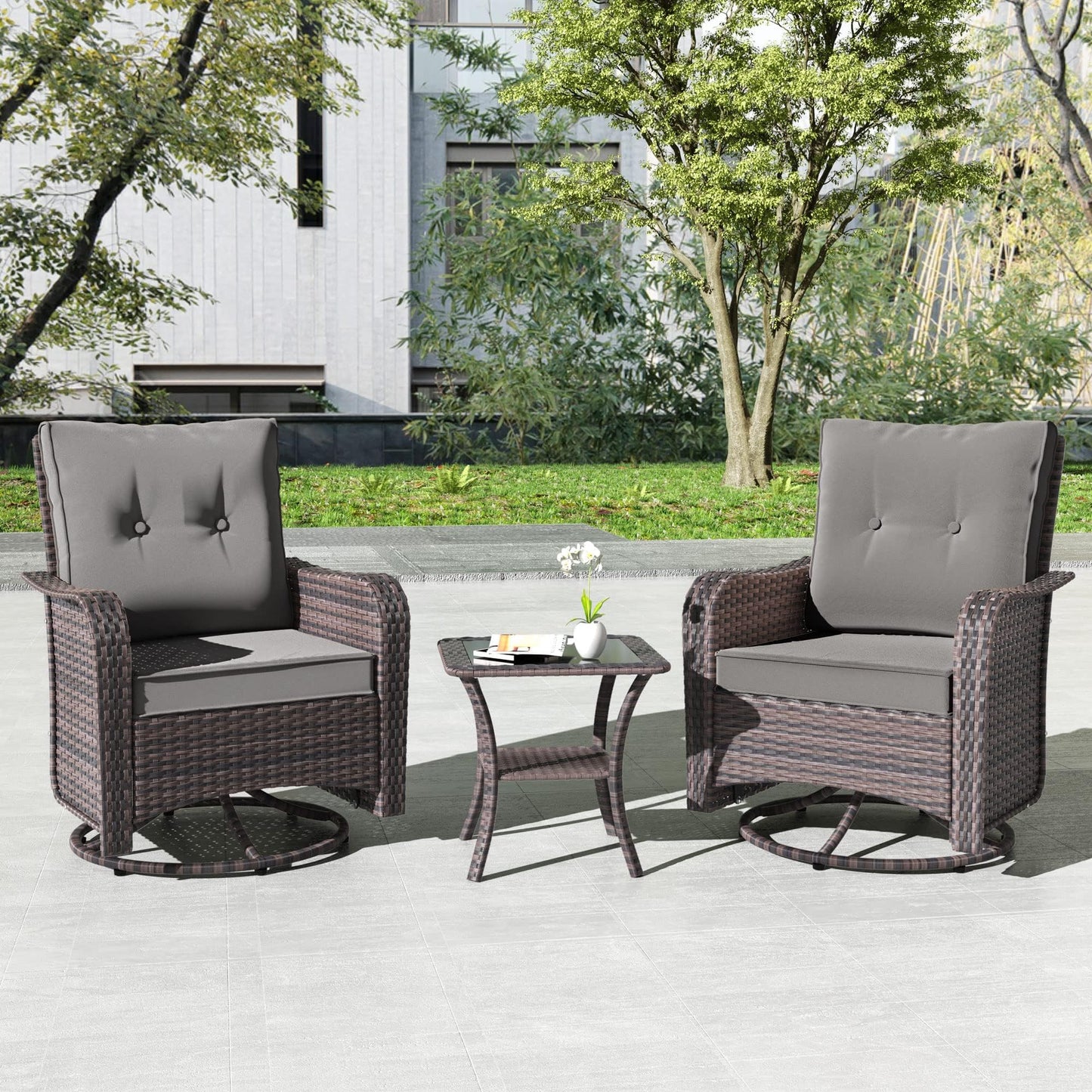 Gotland 5 Pieces Outdoor Swivel Chairs Set,Patio Wicker Rocker Chairs with 4" Thick Cushions,Side Table and Ottomans,Patio Conversation Furniture Set for Patio Porch Deck Backyard