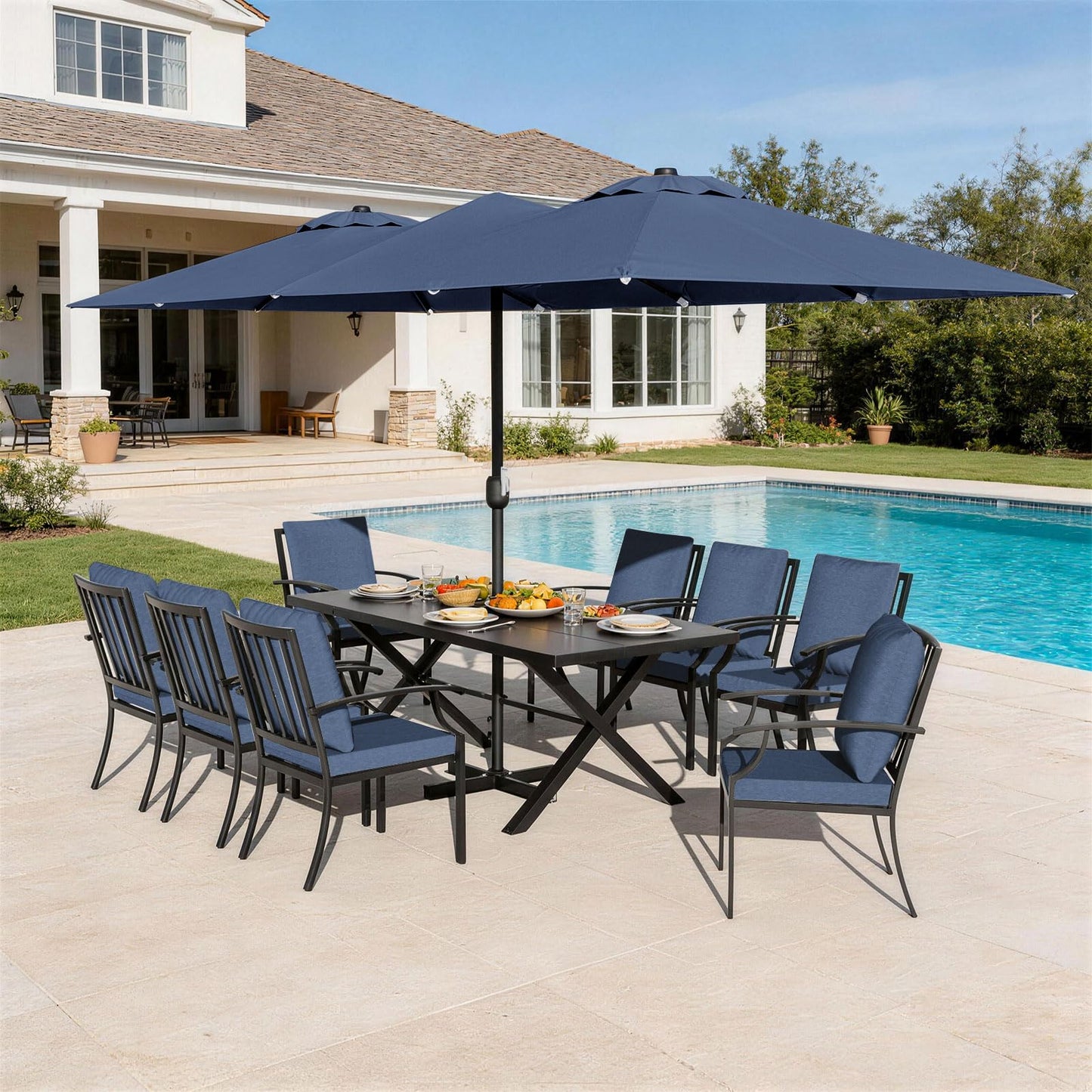 Gotland 10PCS Patio Conversation Set, Metal Outdoor Furniture Set Includes 13.6FT Umbrella, Hole Cut-Out 78.7" x 35.4" Table and 8 Metal Stackable chairs for Backyard Garden