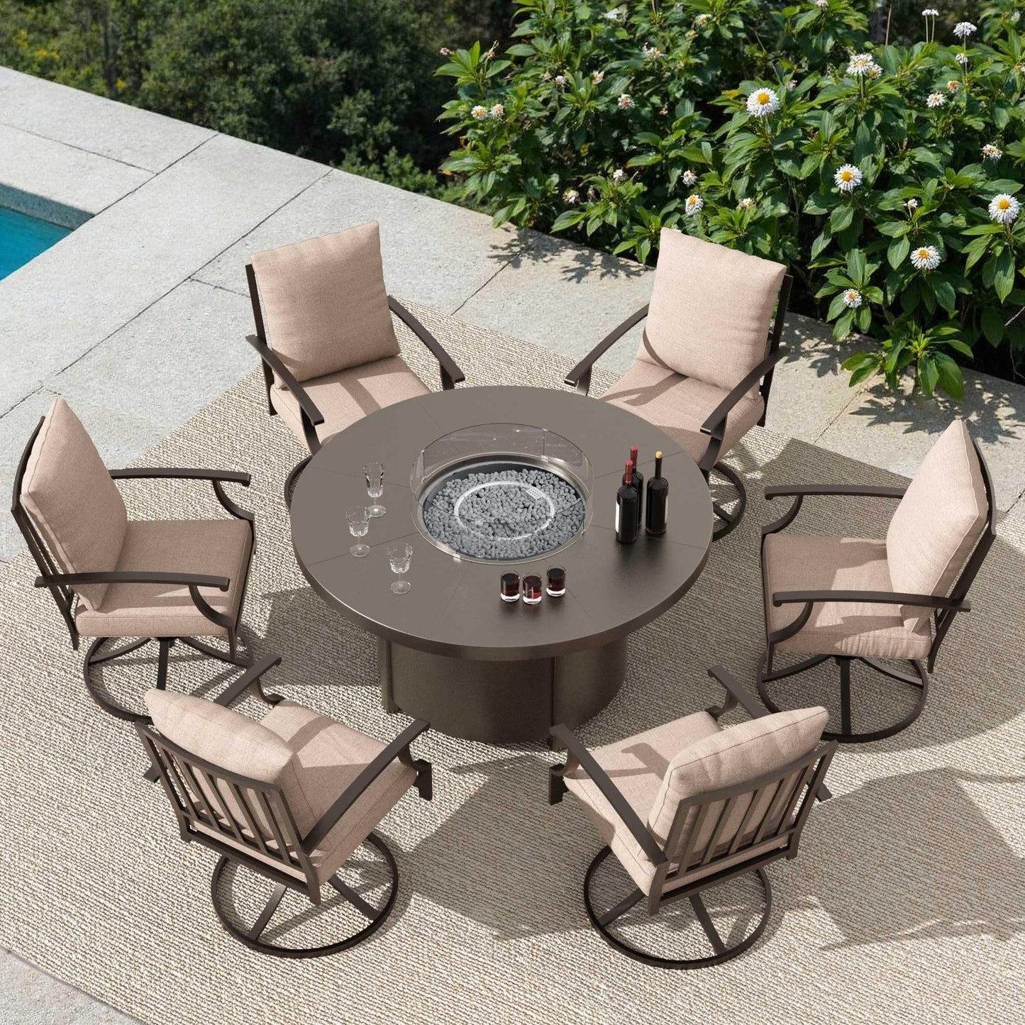 ALAULM 7PCS Metal Outdoor Patio Furniture Set with 48"/55000 BTU Round Fire Pit Table,Outdoor Dining Table Set 6 Swivel Chairs No-Slip Cushions