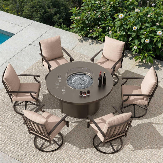 ALAULM 7PCS Metal Outdoor Patio Furniture Set with 48"/55000 BTU Round Fire Pit Table,Outdoor Dining Table Set 6 Swivel Chairs No-Slip Cushions
