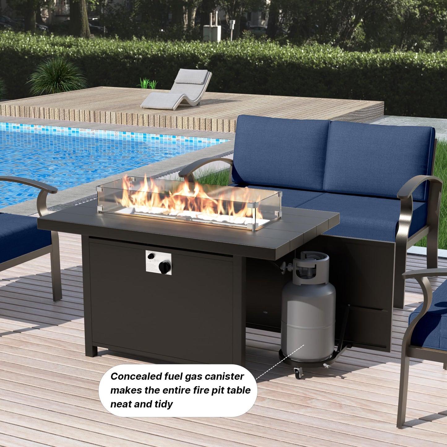 Gotland 5 Seats Outdoor Metal Patio Furniture Set with 2 Swivel Rocking Chairs&55,000 BTU Gas Fire Pit Table w/Glass Wind Guard Patio Conversation Sectional Sofa Sets