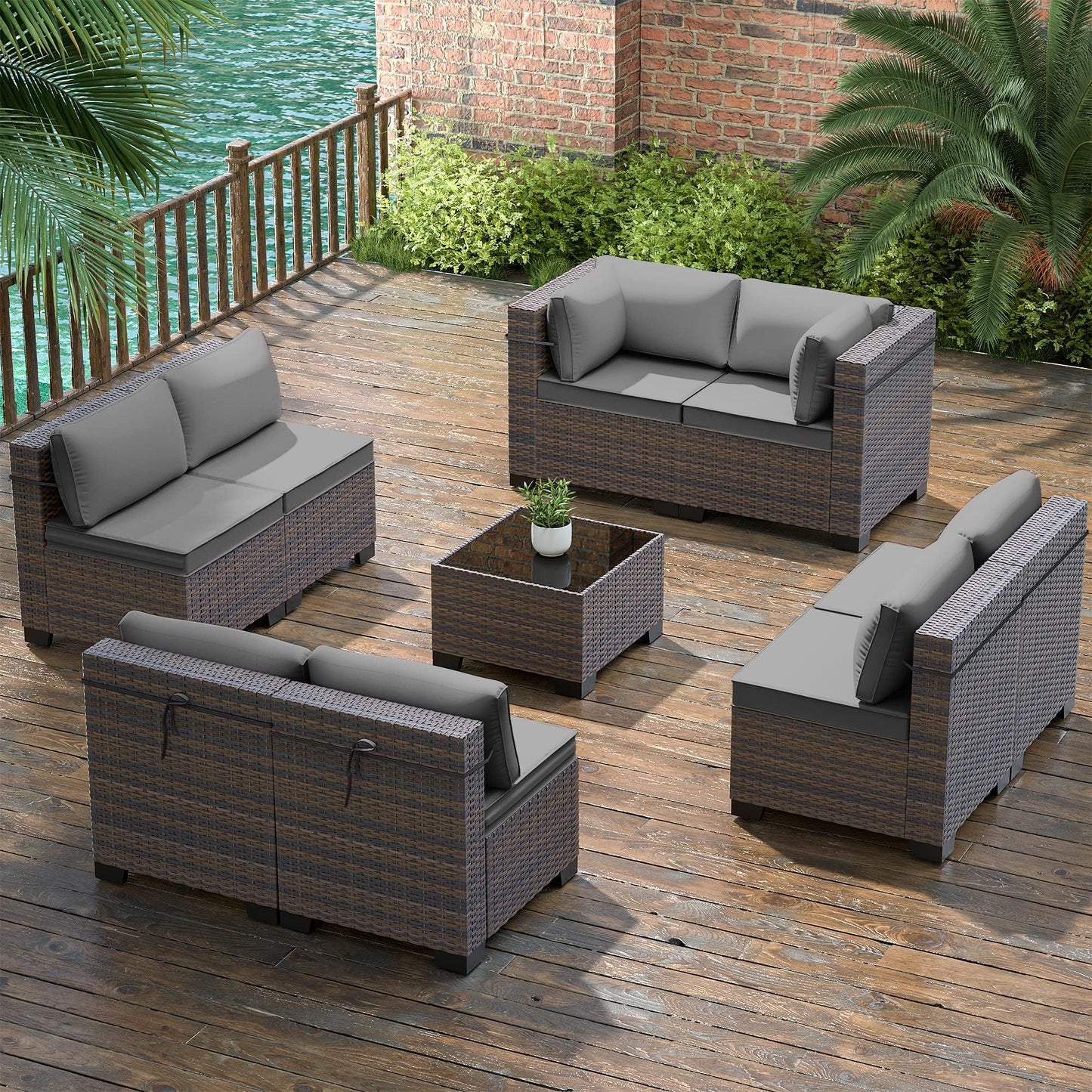 Gotland Outdoor Patio Furniture Set 9 Piece Sectional Rattan Sofa Set Rattan Wicker Patio Conversation Set with 8 Seat Cushions and 1 Tempered Glass Table