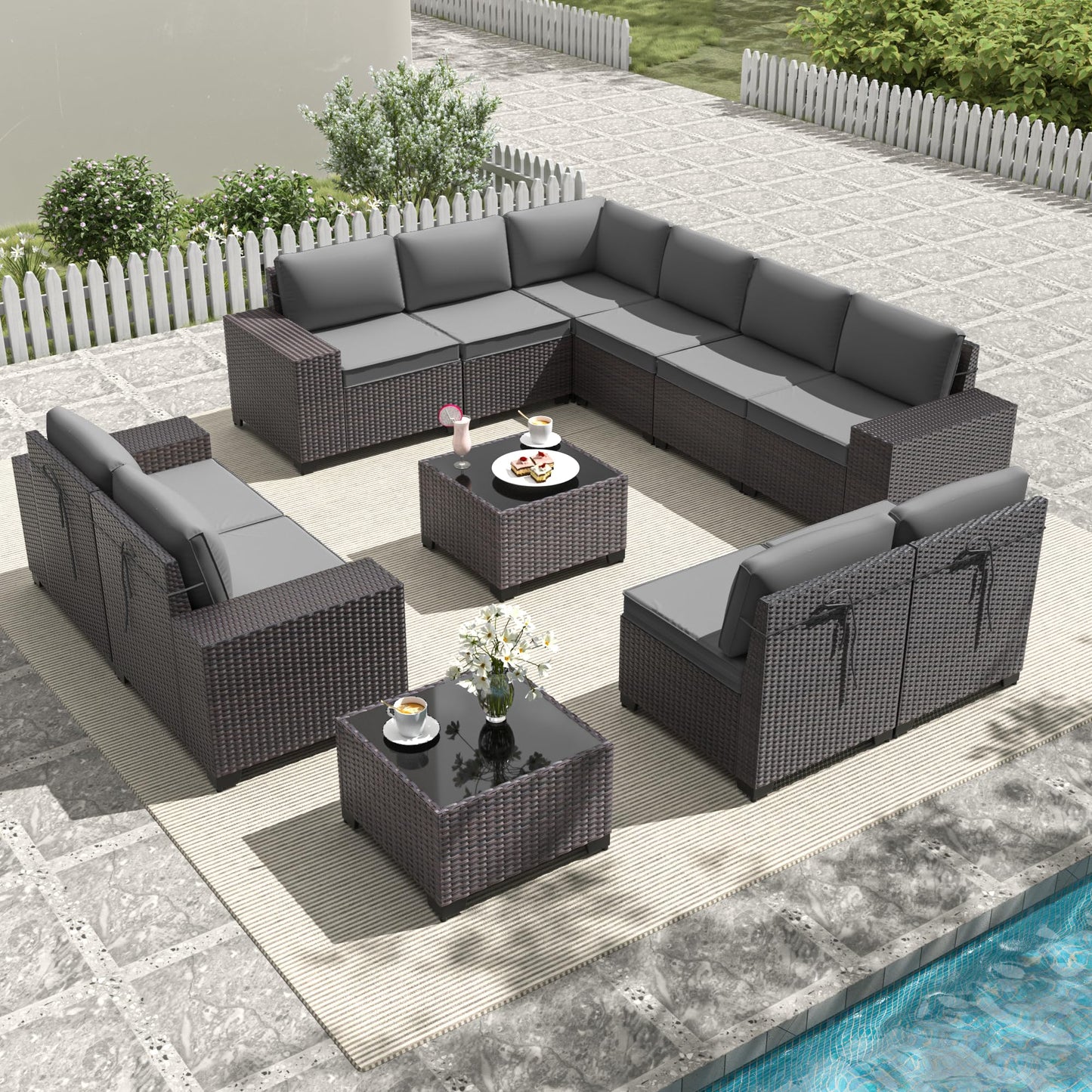 Gotland Outdoor Patio Furniture Sectional Conversation Set 12Pcs Rattan Wicker 10 Cushion Table
