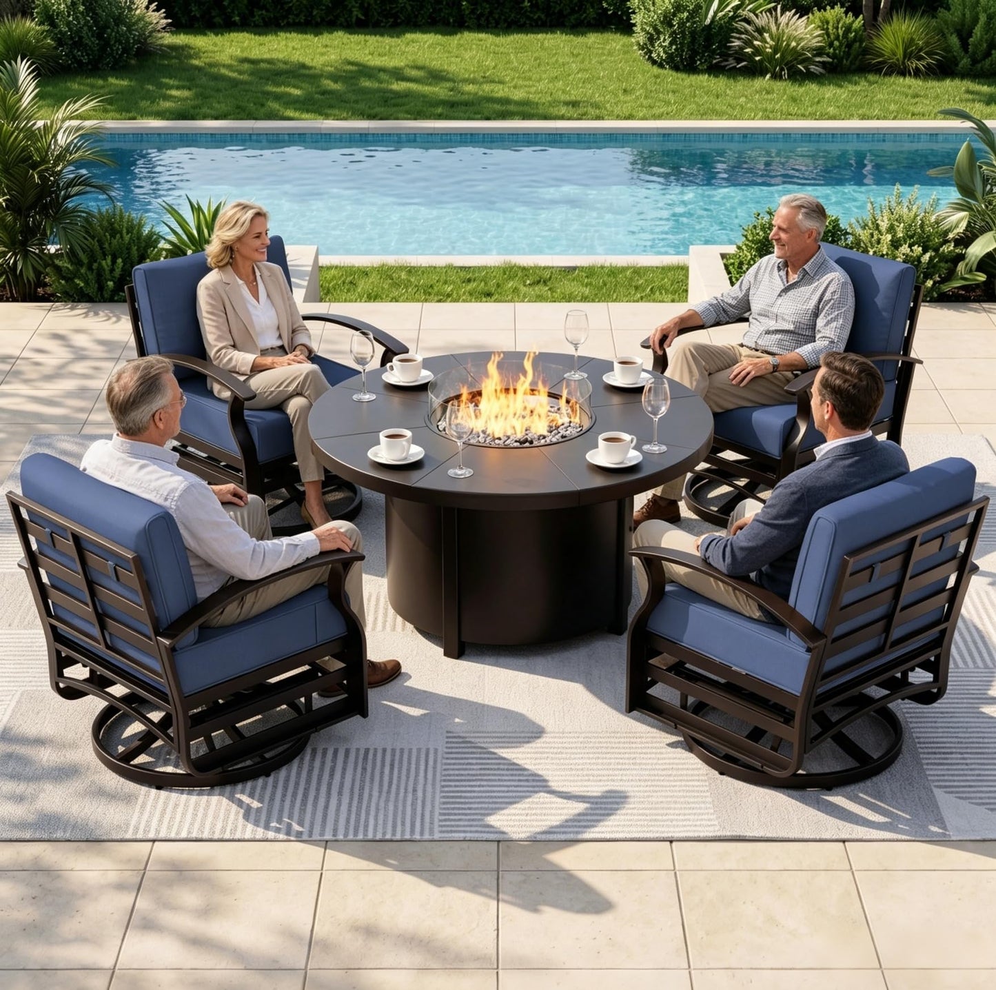 ALAULM 5 Pieces Aluminum Outdoor Patio Furniture Set, 4 Seats Patio Conversation Sets with 48" Round Propane Fire Pit Table,Metal Furniture Set with Thick Cushion