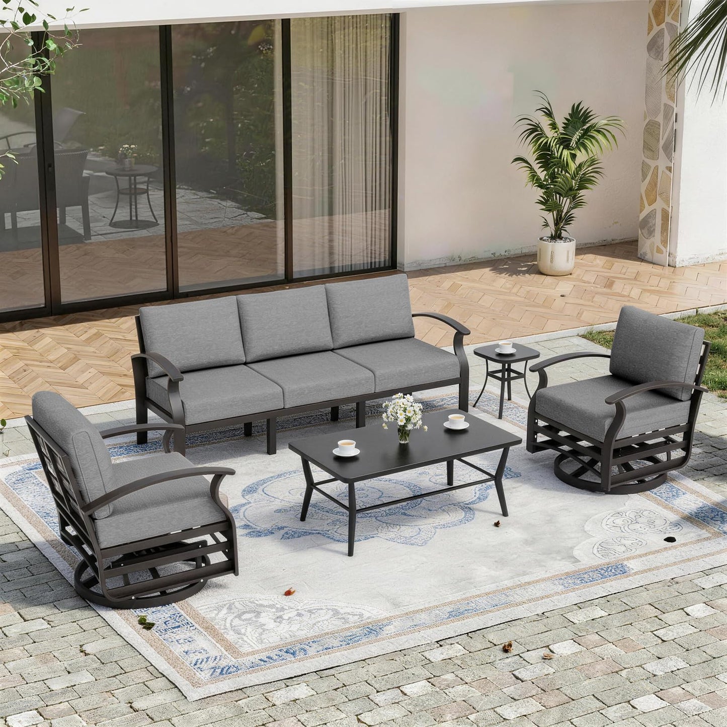 ALAULM Aluminum Patio Furniture Set 5-Seat Modern Outdoor Conversation Sets w/Swivel Rocking Chairs with Rectangular Coffee Table