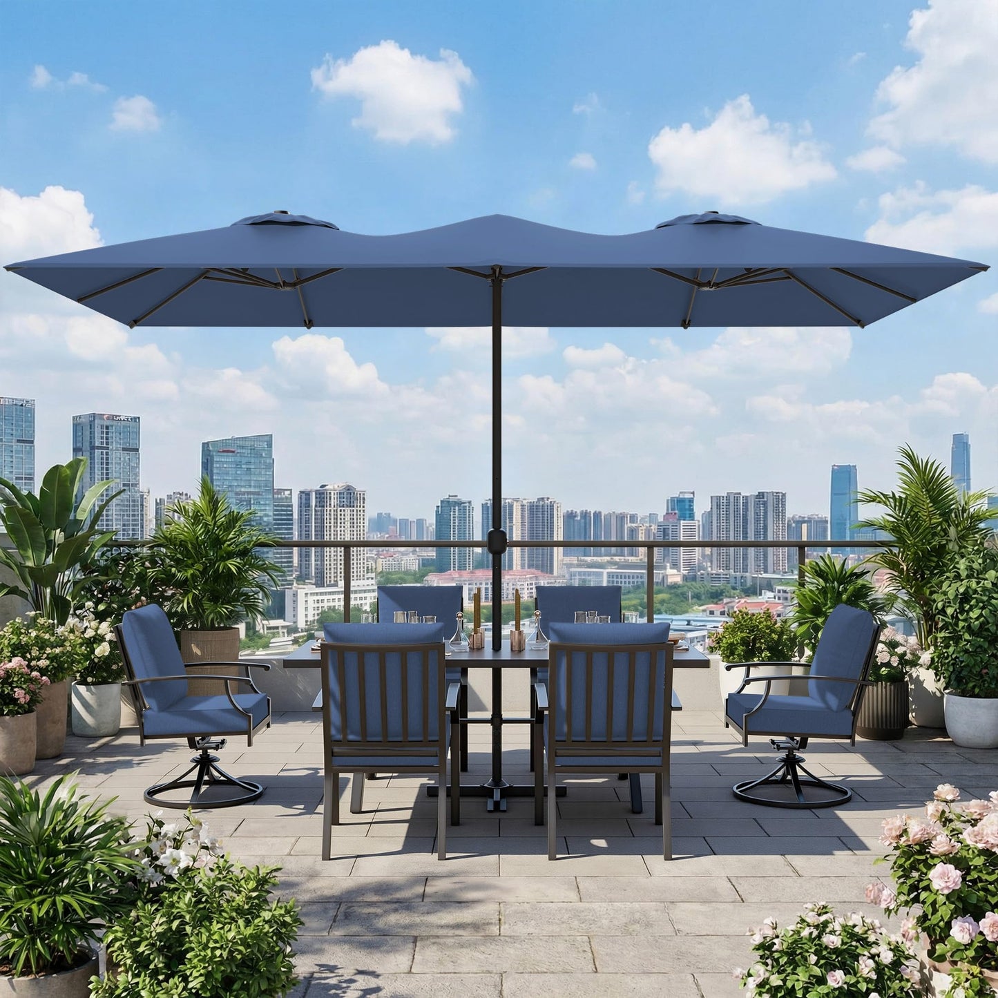 Gotland 8PCS Outdoor Patio Dining Set with 13.6ft Double-Sided Patio Umbrella, Patio Table and Chairs Metal Outdoor Patio Furniture Set, Dining Table Set with 2 Swivel Chairs