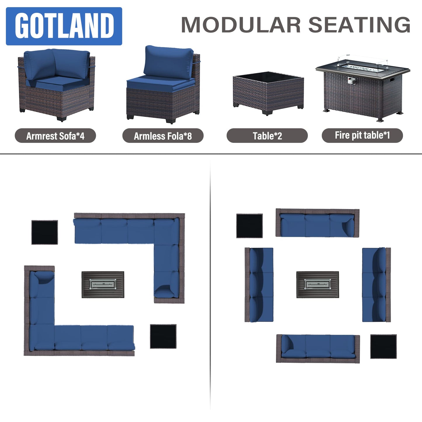 Gotland Outdoor Patio Furniture Set 14 Pieces Sectional Rattan Sofa Set PE Rattan Wicker Patio Conversation Set with Seat Cushions and Tempered Glass Table