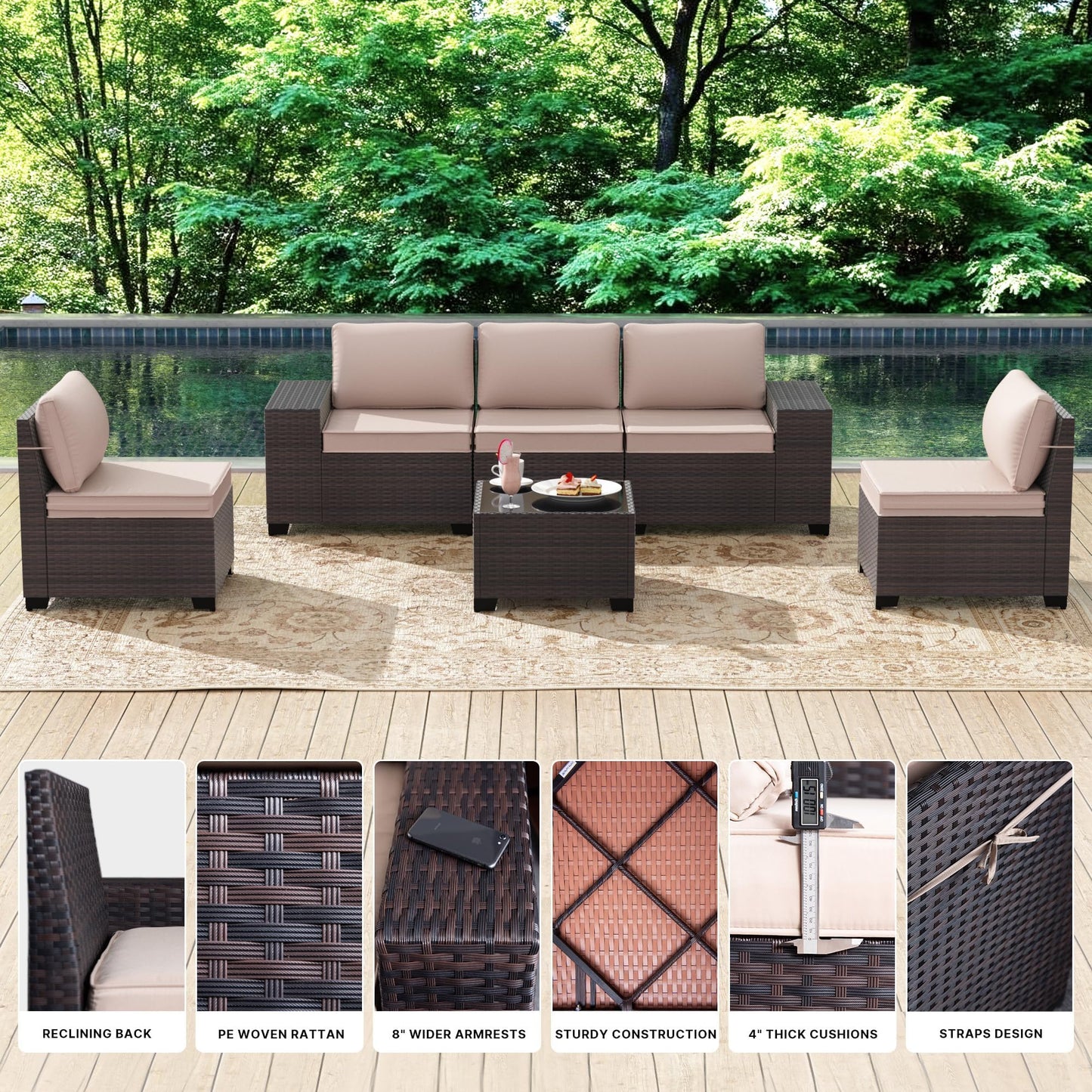Gotland Outdoor Patio Furniture Set with 43" Propane Fire Pit Table, 7 Pieces Outdoor Furniture Patio Sectional Sofa Conversation Sets