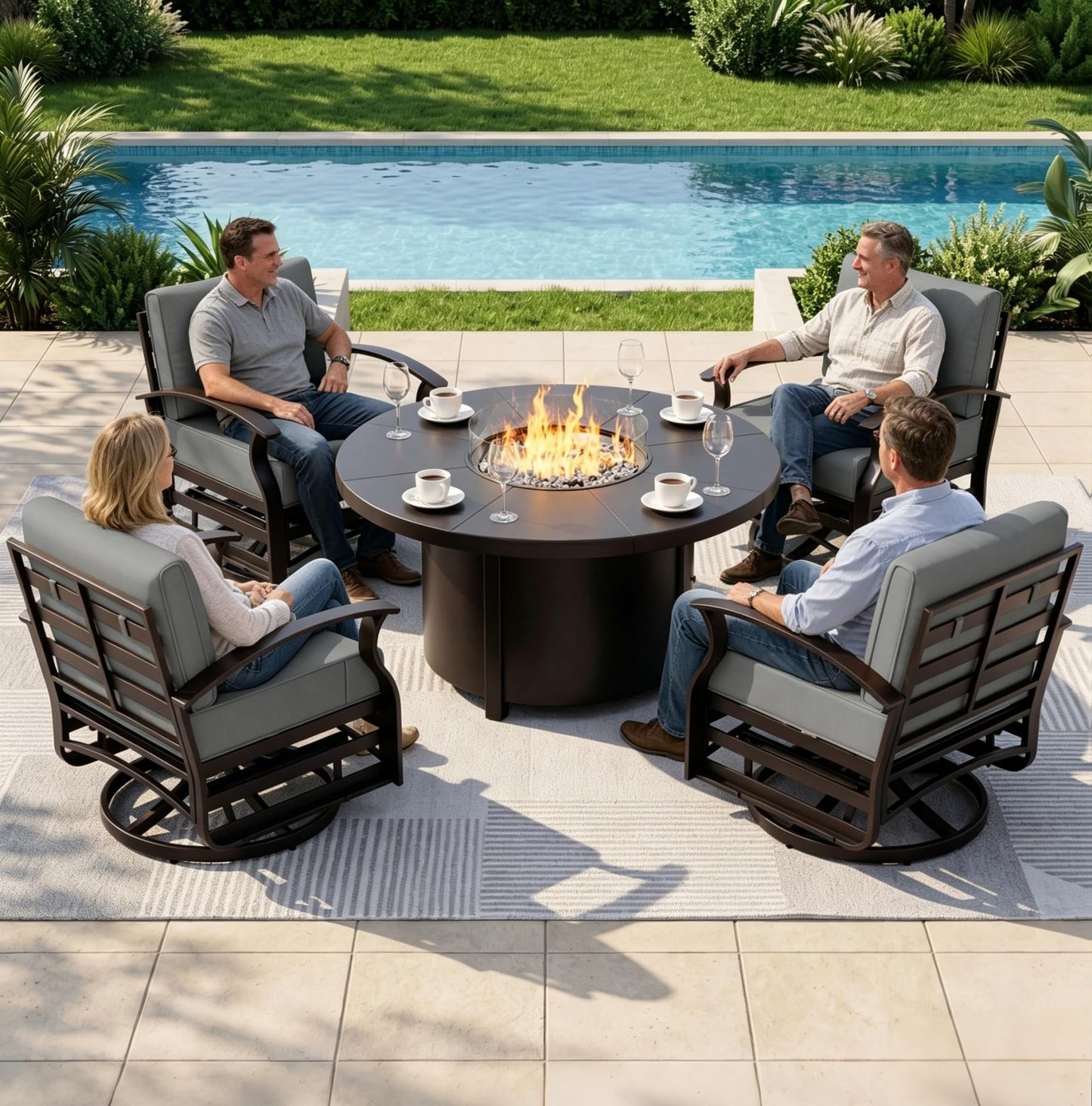 ALAULM 5 Pieces Aluminum Outdoor Patio Furniture Set, 4 Seats Patio Conversation Sets with 48" Round Propane Fire Pit Table,Metal Furniture Set with Thick Cushion
