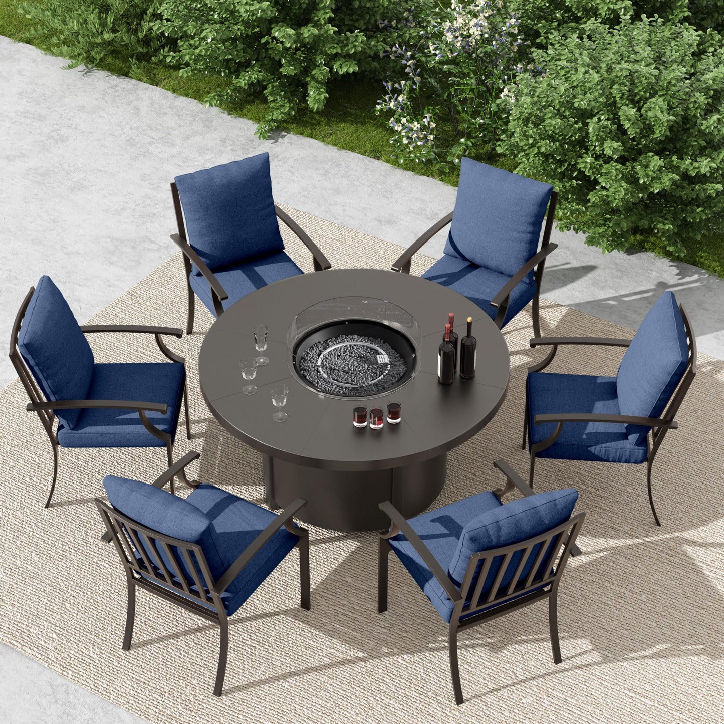 ALAULM 7PCS Metal Outdoor Patio Furniture Set with 48"/55000 BTU Round Propane Fire Pit Table,Patio Conversation Sets 6 Fixed Chairs No-Slip Cushions