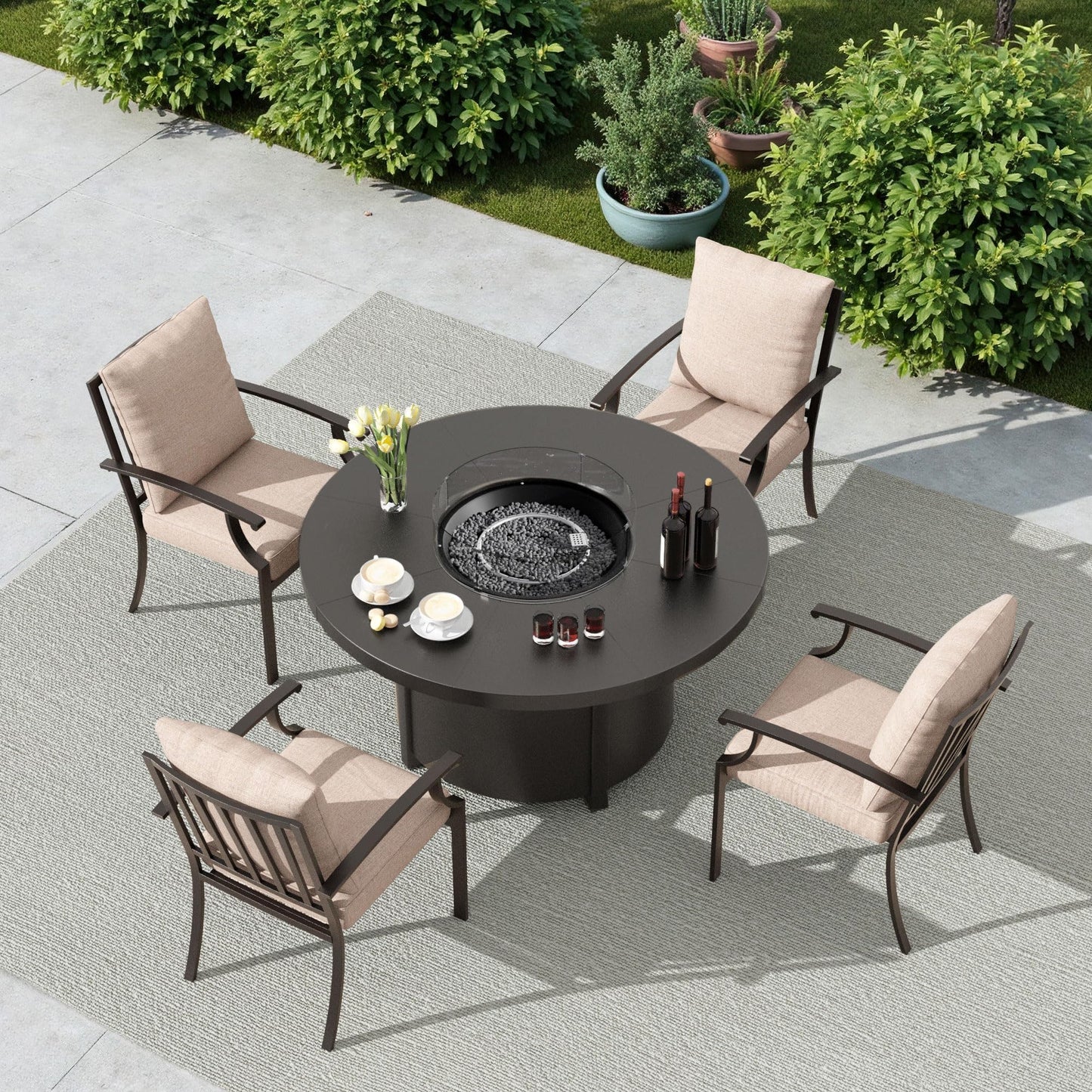 ALAULM 5PCS Metal Outdoor Patio Furniture Set with 48"/55000 BTU Round Propane Fire Pit Table,Patio Conversation Sets 4 Fixed Chairs No-Slip Cushions