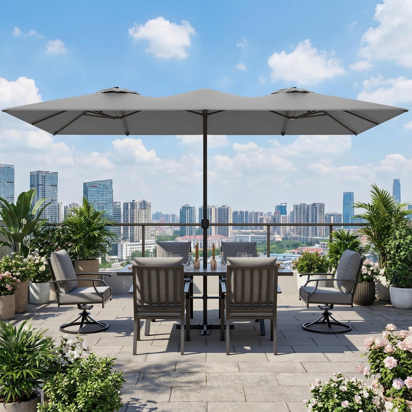 Gotland 8PCS Outdoor Patio Dining Set with 13.6ft Double-Sided Patio Umbrella, Patio Table and Chairs Metal Outdoor Patio Furniture Set, Dining Table Set with 2 Swivel Chairs
