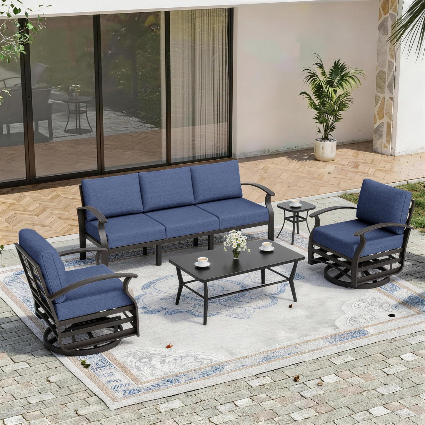 ALAULM Aluminum Patio Furniture Set 5-Seat Modern Outdoor Conversation Sets w/Swivel Rocking Chairs with Rectangular Coffee Table