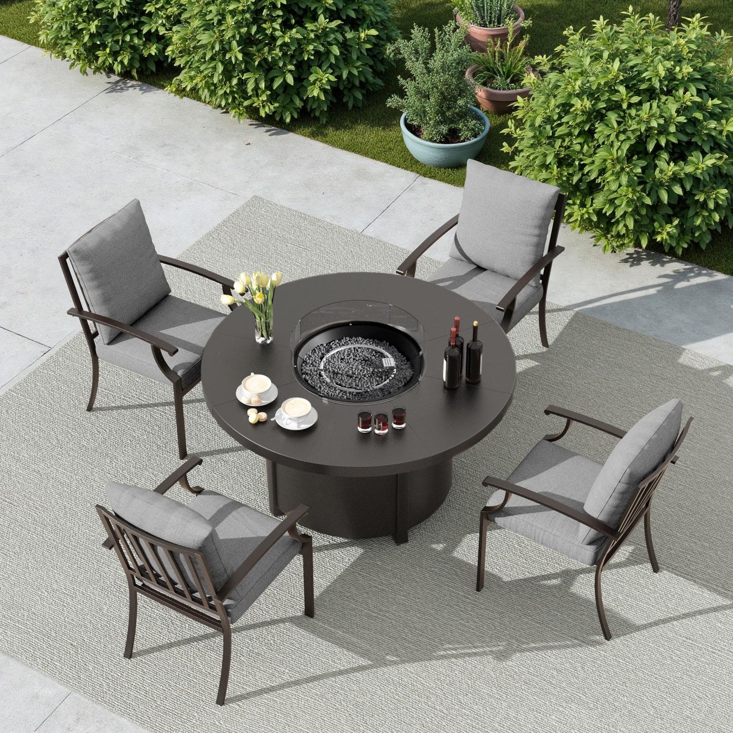 ALAULM 5PCS Metal Outdoor Patio Furniture Set with 48"/55000 BTU Round Propane Fire Pit Table,Patio Conversation Sets 4 Fixed Chairs No-Slip Cushions