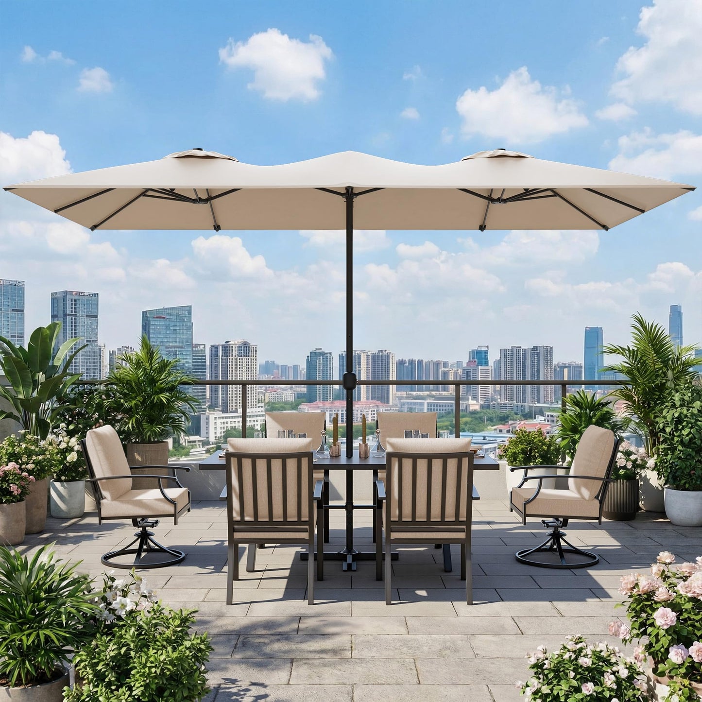 Gotland 8PCS Outdoor Patio Dining Set with 13.6ft Double-Sided Patio Umbrella, Patio Table and Chairs Metal Outdoor Patio Furniture Set, Dining Table Set with 2 Swivel Chairs
