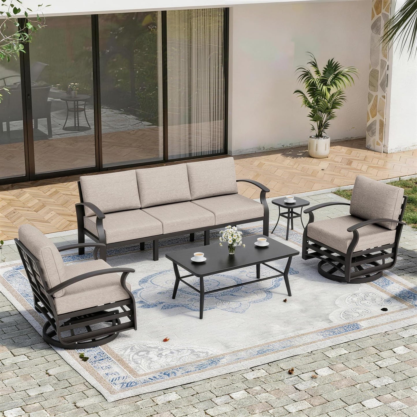 ALAULM Aluminum Patio Furniture Set 5-Seat Modern Outdoor Conversation Sets w/Swivel Rocking Chairs with Rectangular Coffee Table