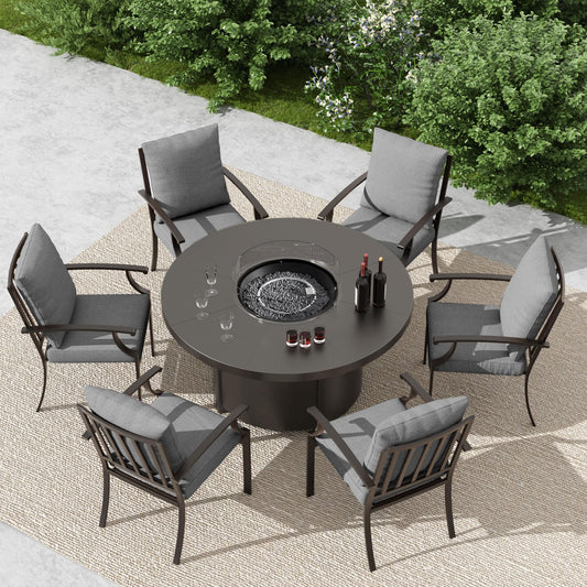 ALAULM 7PCS Metal Outdoor Patio Furniture Set with 48"/55000 BTU Round Propane Fire Pit Table,Patio Conversation Sets 6 Fixed Chairs No-Slip Cushions
