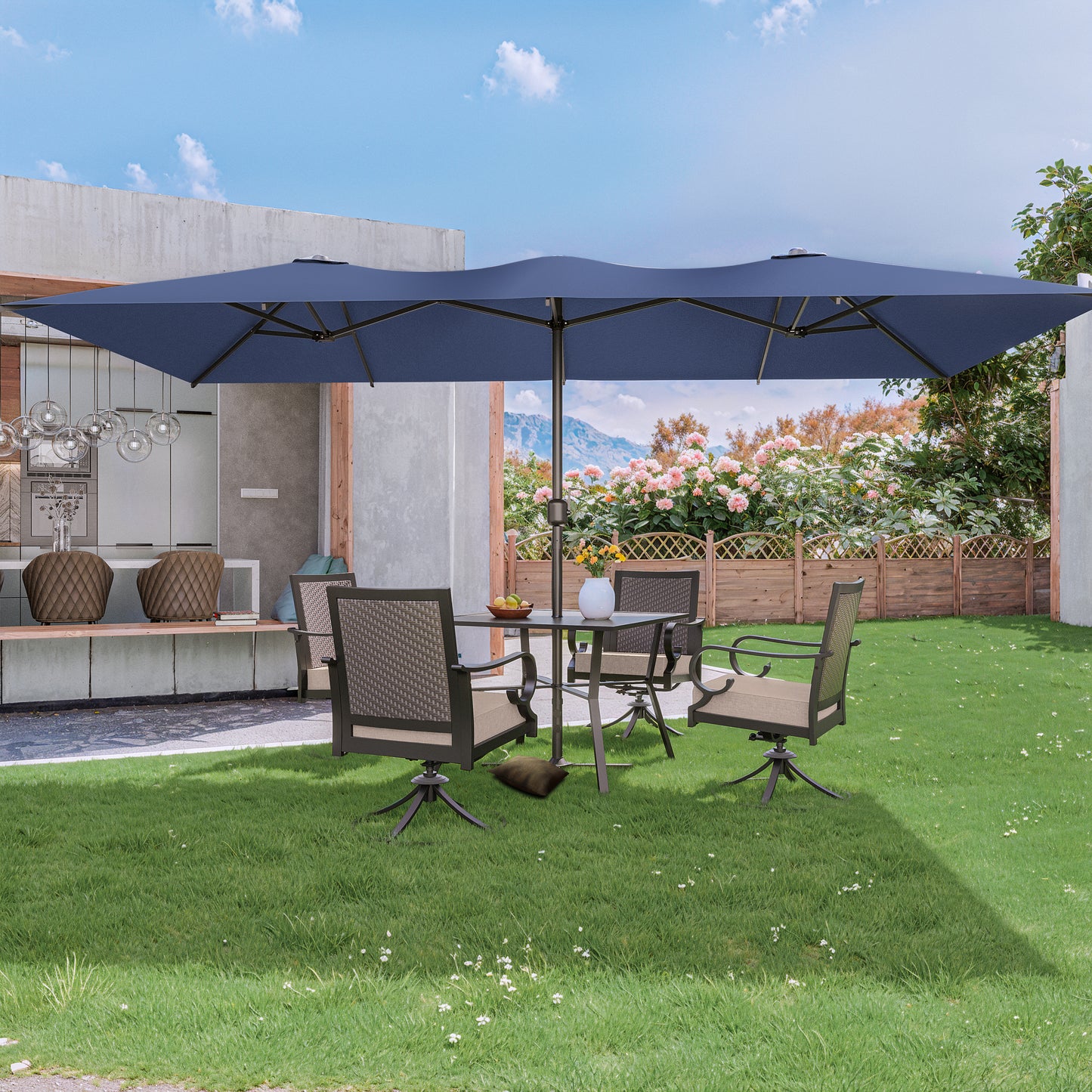 ALAULM 14FT Patio Umbrellas with Cross Base, Outdoor Double-Sided Umbrella Large Rectangle Table Market Umbrella with Crank Handle & Ribs, for Pool Lawn Garden Beige
