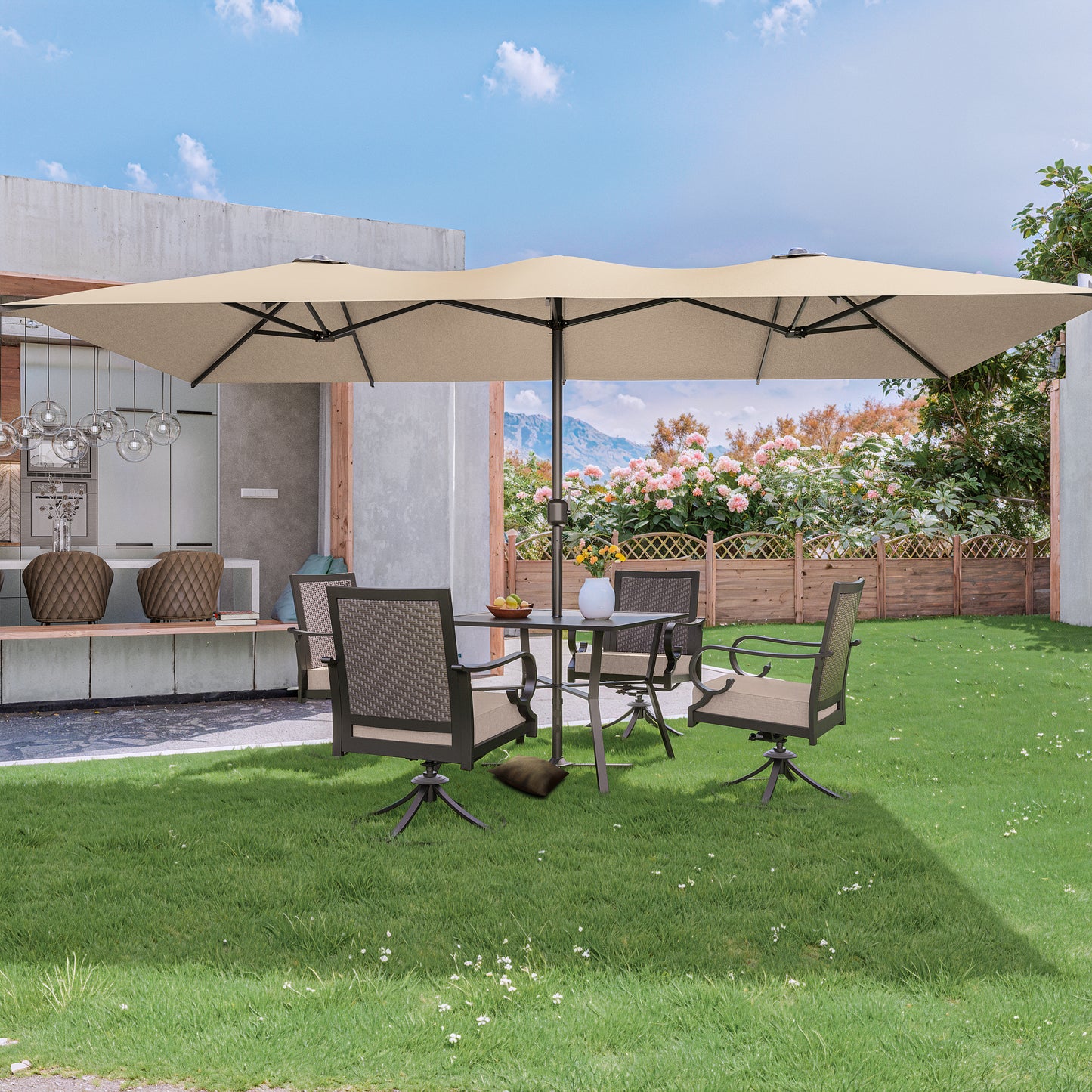 ALAULM 14FT Patio Umbrellas with Cross Base, Outdoor Double-Sided Umbrella Large Rectangle Table Market Umbrella with Crank Handle & Ribs, for Pool Lawn Garden Beige