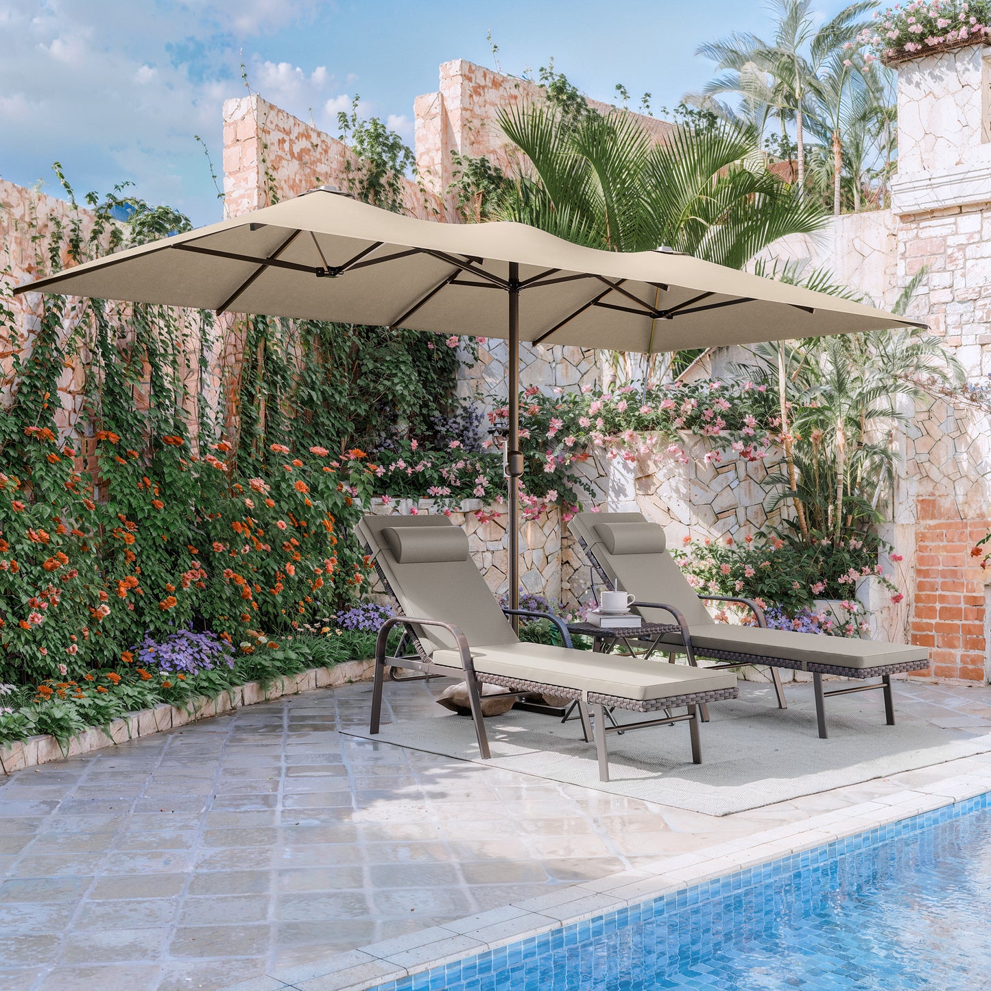 ALAULM 14FT Patio Umbrellas with Cross Base, Outdoor Double-Sided Umbrella Large Rectangle Table Market Umbrella with Crank Handle & Ribs, for Pool Lawn Garden Beige