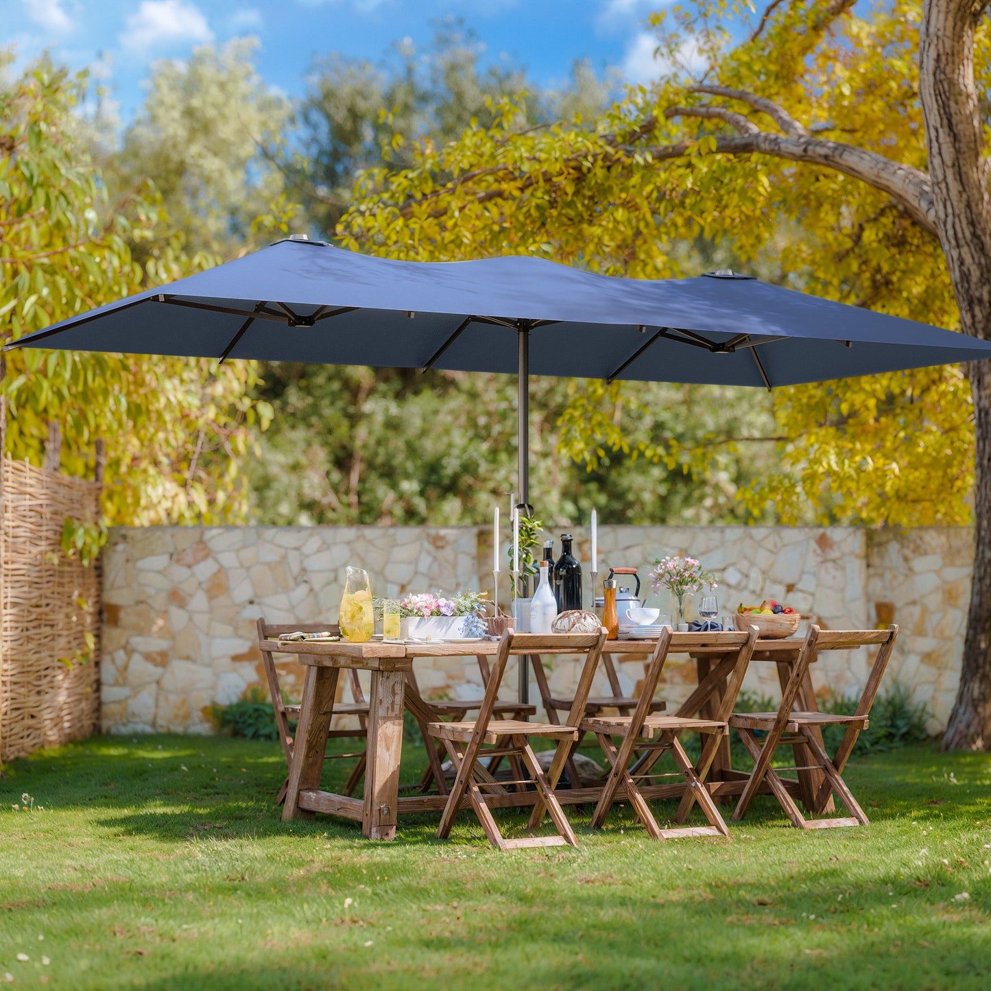ALAULM 14FT Patio Umbrellas with Cross Base, Outdoor Double-Sided Umbrella Large Rectangle Table Market Umbrella with Crank Handle & Ribs, for Pool Lawn Garden Beige