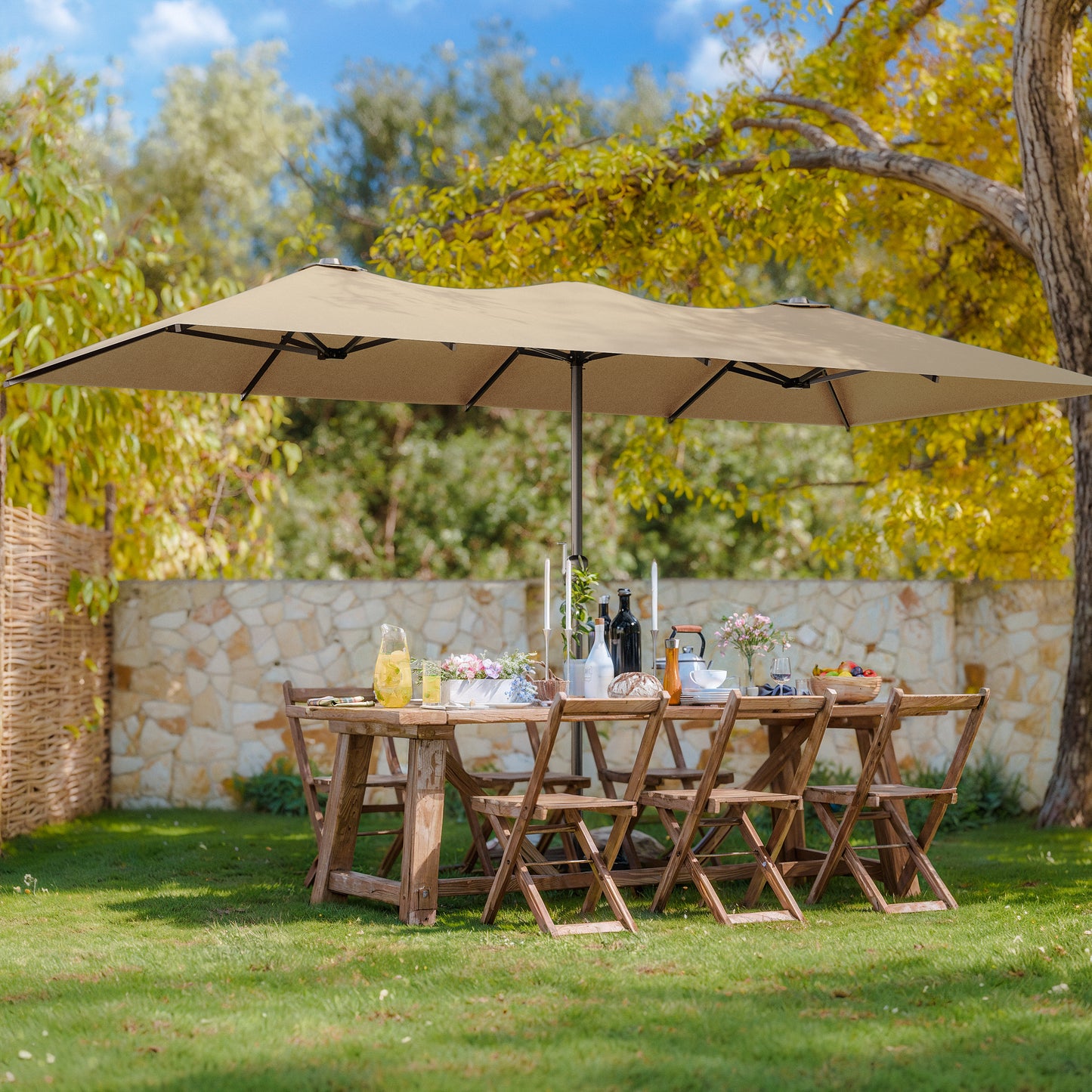 ALAULM 14FT Patio Umbrellas with Cross Base, Outdoor Double-Sided Umbrella Large Rectangle Table Market Umbrella with Crank Handle & Ribs, for Pool Lawn Garden Beige