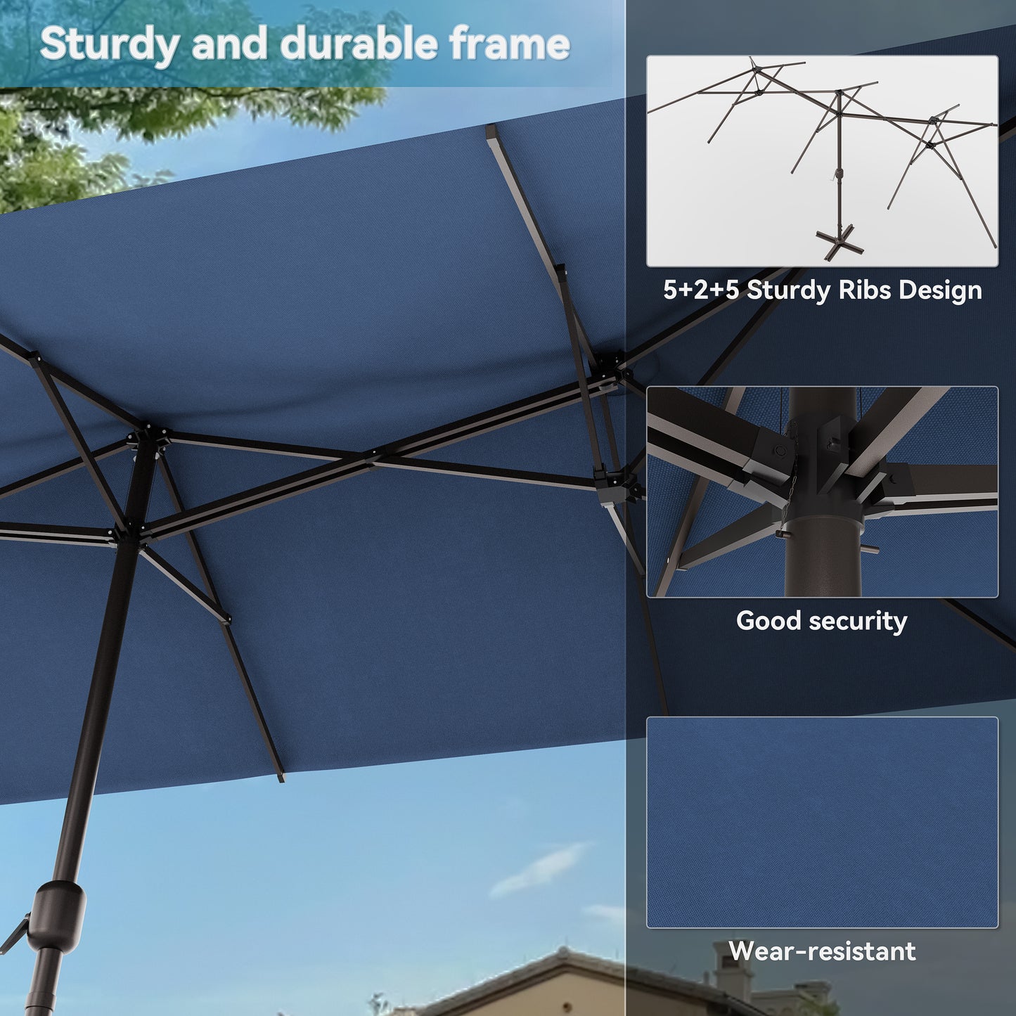 ALAULM 14FT Patio Umbrellas with Cross Base, Outdoor Double-Sided Umbrella Large Rectangle Table Market Umbrella with Crank Handle & Ribs, for Pool Lawn Garden Beige