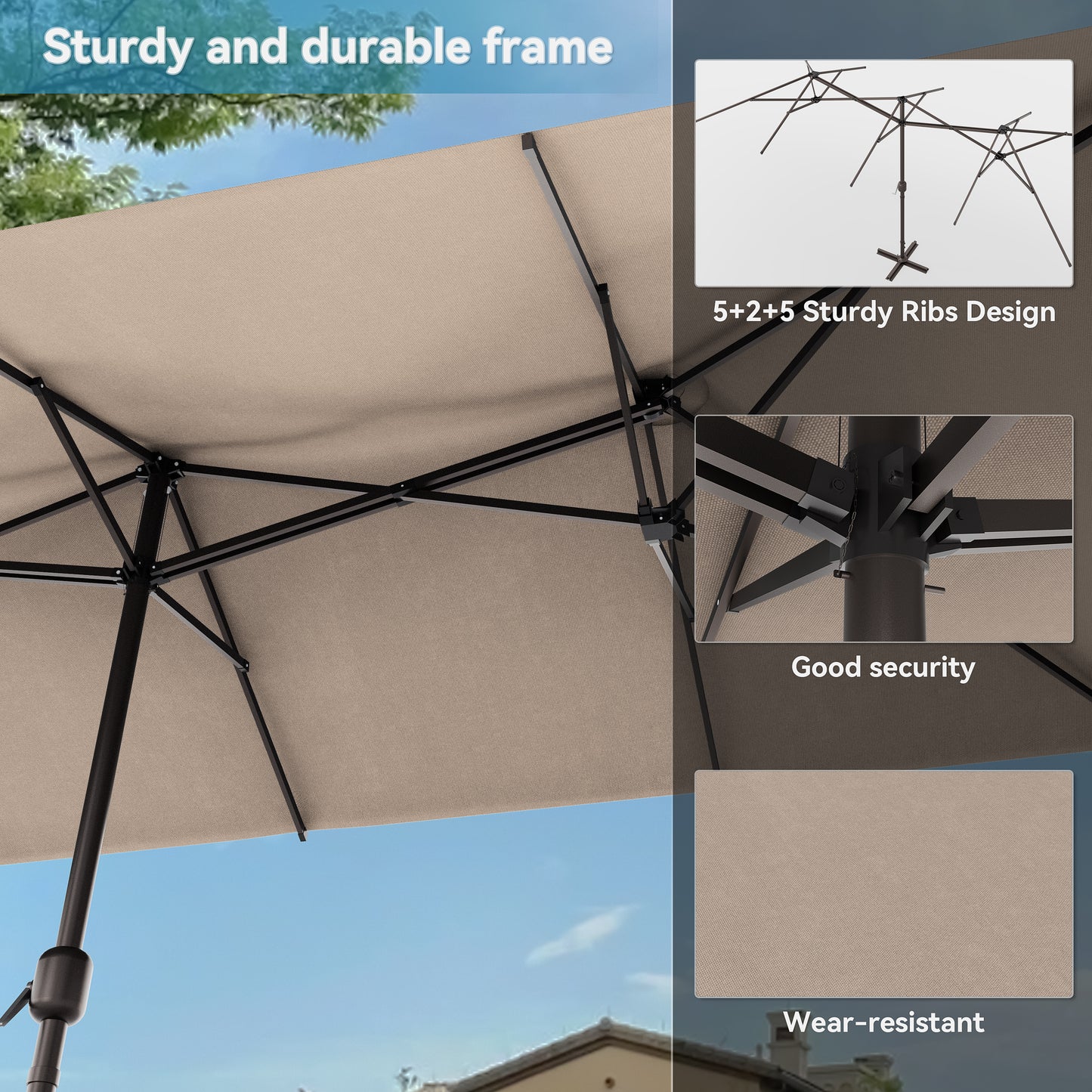 ALAULM 14FT Patio Umbrellas with Cross Base, Outdoor Double-Sided Umbrella Large Rectangle Table Market Umbrella with Crank Handle & Ribs, for Pool Lawn Garden Beige