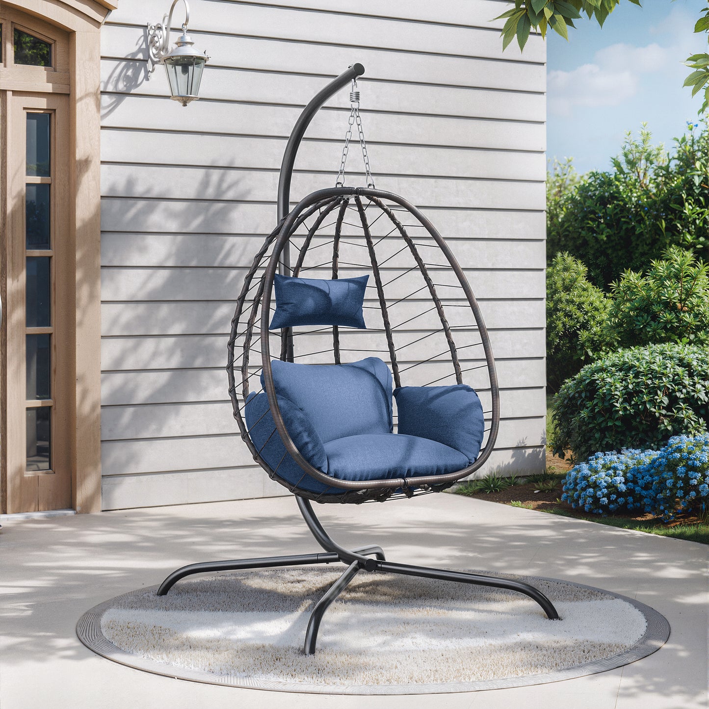 ALAULM Foldable Egg Chair with Stand, 485LBS Capacity Textilene Hammock Swing Chair for Outdoor & Indoor, Patio Hanging Chair with Strong Frame & UV Resistant Cushion for Balcony, Bedroom, Cream/D1