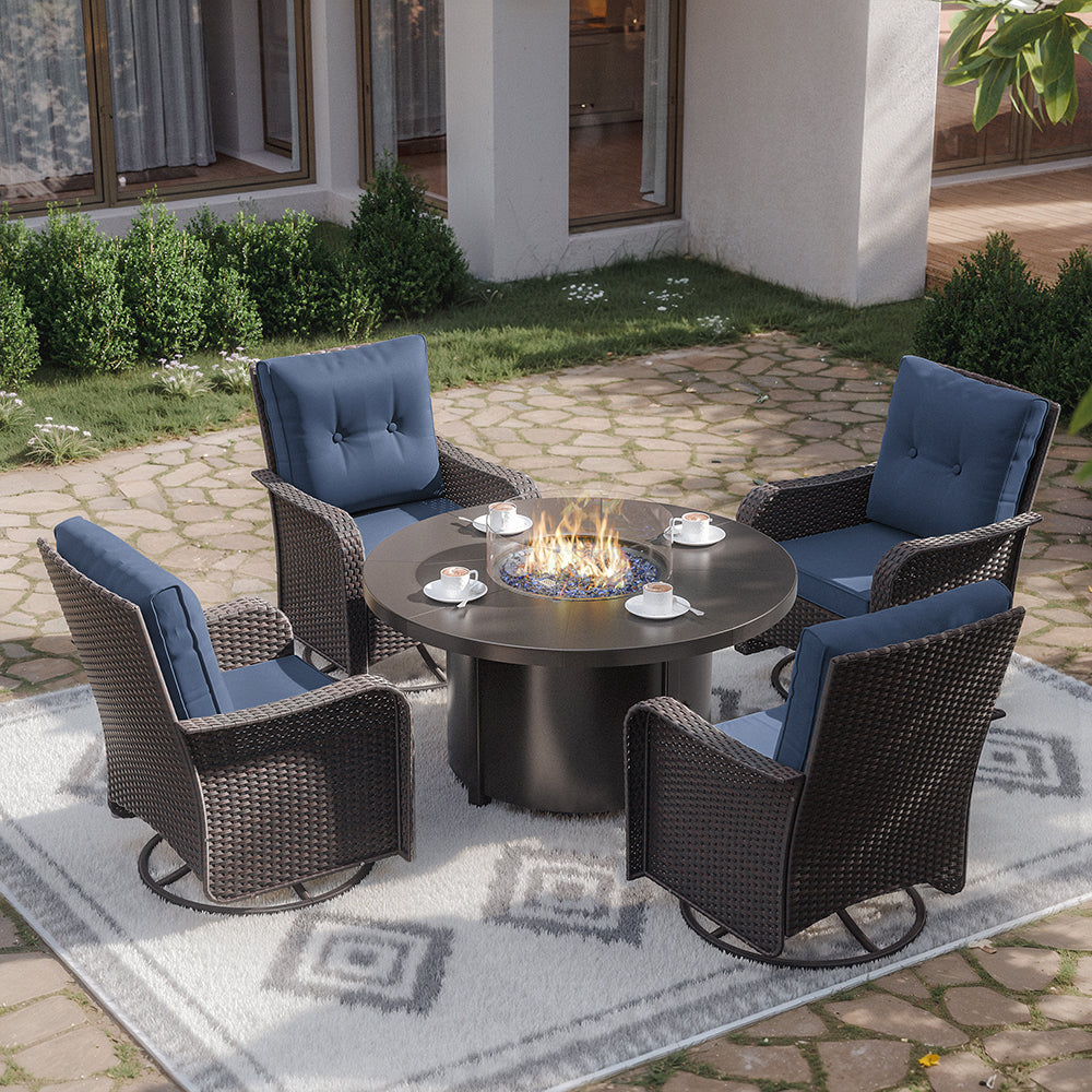 ALAULM 7 Pieces Outdoor Patio Furniture Set with 40000 BTU Round Fire Pit Table, Outdoor Swivel Glider Chair with Side Table, Patio Conversation Sets for Porch Deck Backyard