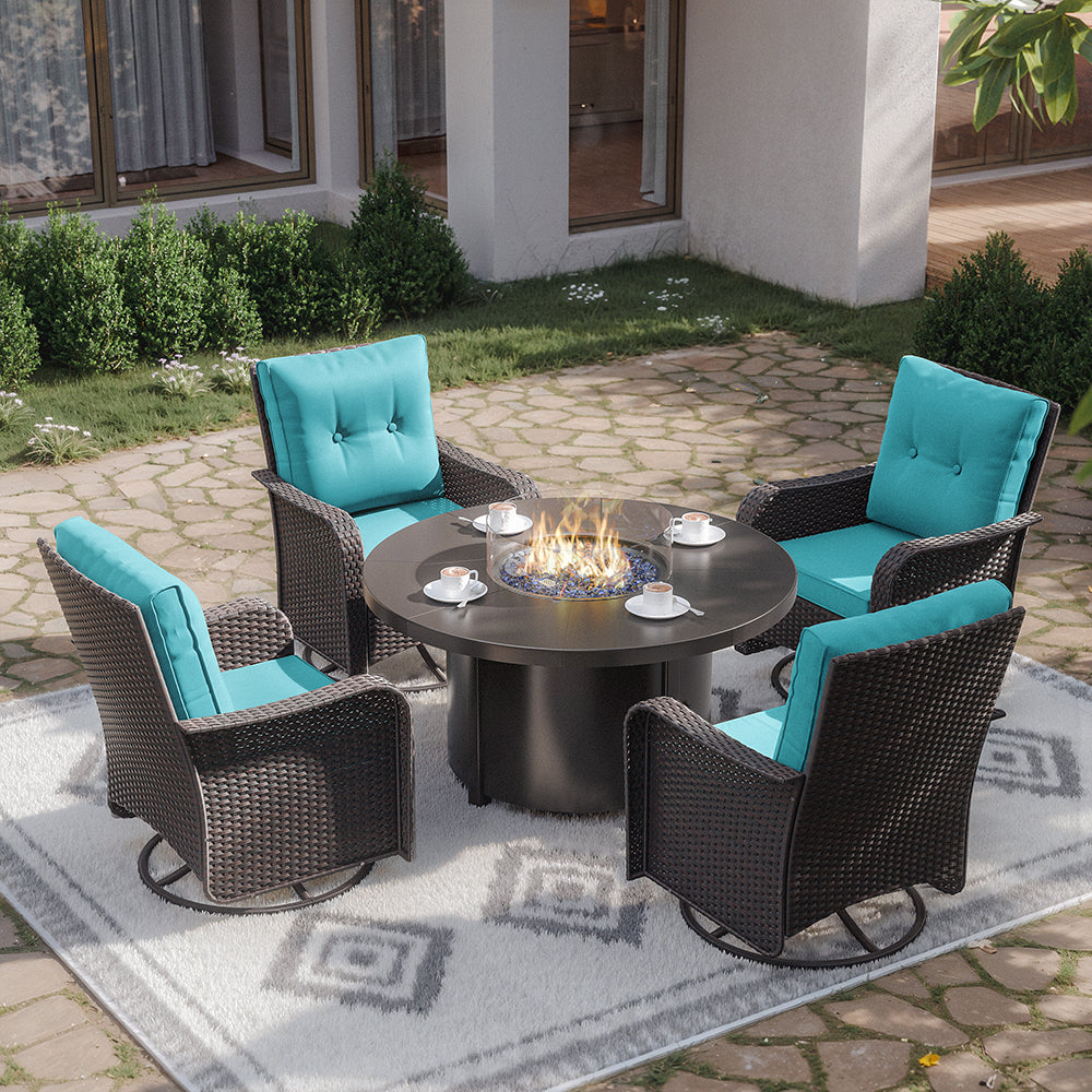 ALAULM 7 Pieces Outdoor Patio Furniture Set with 40000 BTU Round Fire Pit Table, Outdoor Swivel Glider Chair with Side Table, Patio Conversation Sets for Porch Deck Backyard