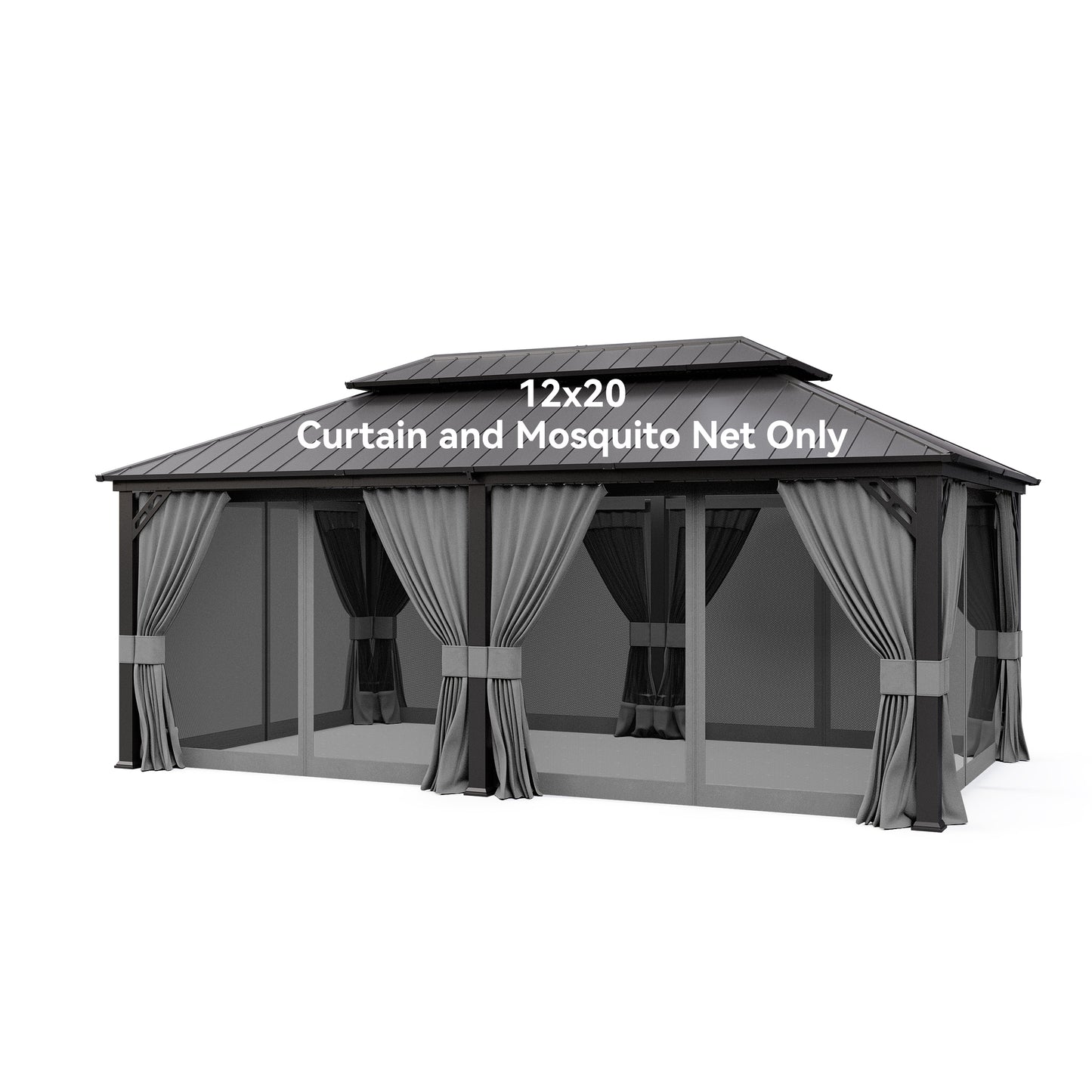 ALAULM 12'x20' Hardtop Gazebo Sand Privacy Curtains with Brown Mosquito Netting, 4-Panels Side Wall Universal Gazebo Side Panels Replacement for Patio Outdoor Canopy Garden (Curtain Only)
