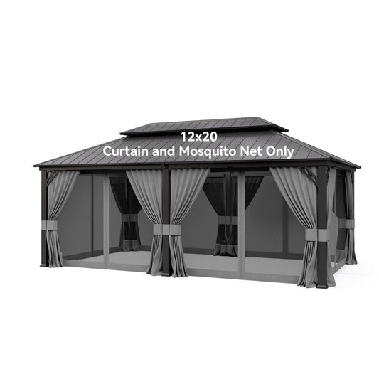 ALAULM 12'x20' Hardtop Gazebo Sand Privacy Curtains with Brown Mosquito Netting, 4-Panels Side Wall Universal Gazebo Side Panels Replacement for Patio Outdoor Canopy Garden (Curtain Only)