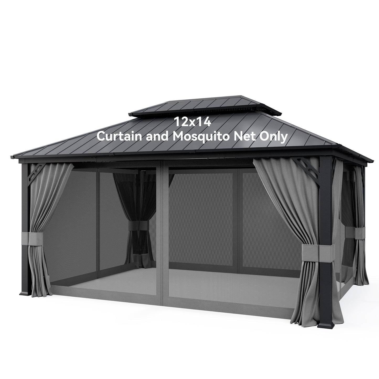 ALAULM 12'x14' Hardtop Gazebo Grey Privacy Curtains with Black Mosquito Netting, 4-Panels Side Wall Universal Gazebo Side Panels Replacement for Patio Outdoor Canopy Garden (Curtain Only)