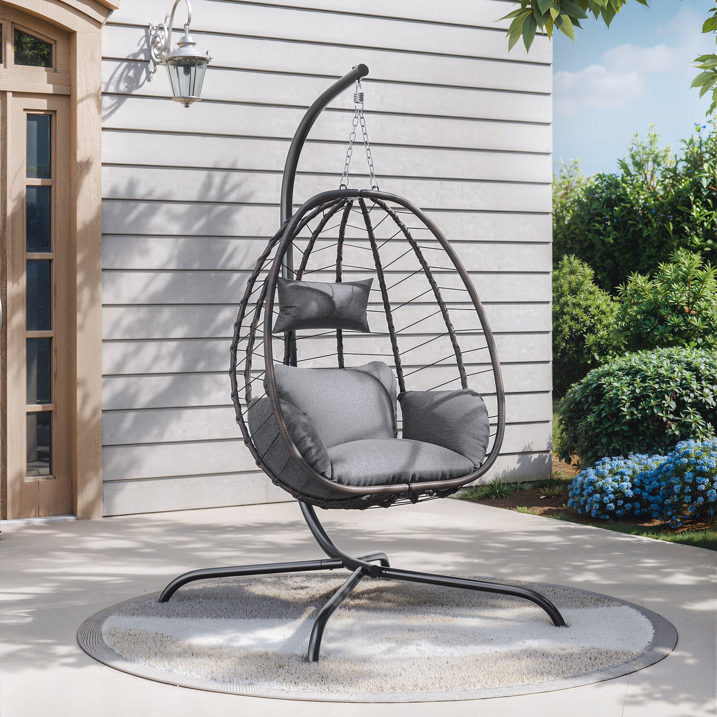 ALAULM Foldable Egg Chair with Stand, 485LBS Capacity Textilene Hammock Swing Chair for Outdoor & Indoor, Patio Hanging Chair with Strong Frame & UV Resistant Cushion for Balcony, Bedroom, Cream/D1