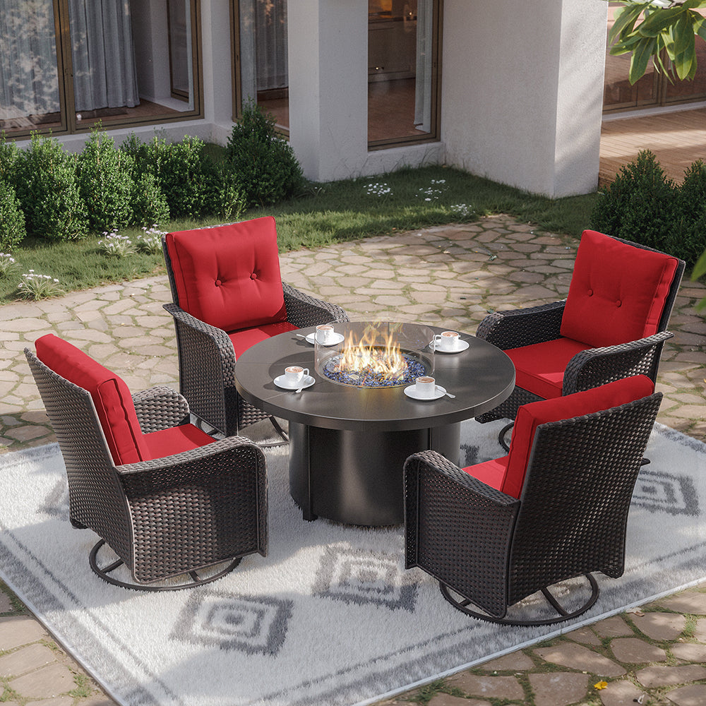 ALAULM 7 Pieces Outdoor Patio Furniture Set with 40000 BTU Round Fire Pit Table, Outdoor Swivel Glider Chair with Side Table, Patio Conversation Sets for Porch Deck Backyard