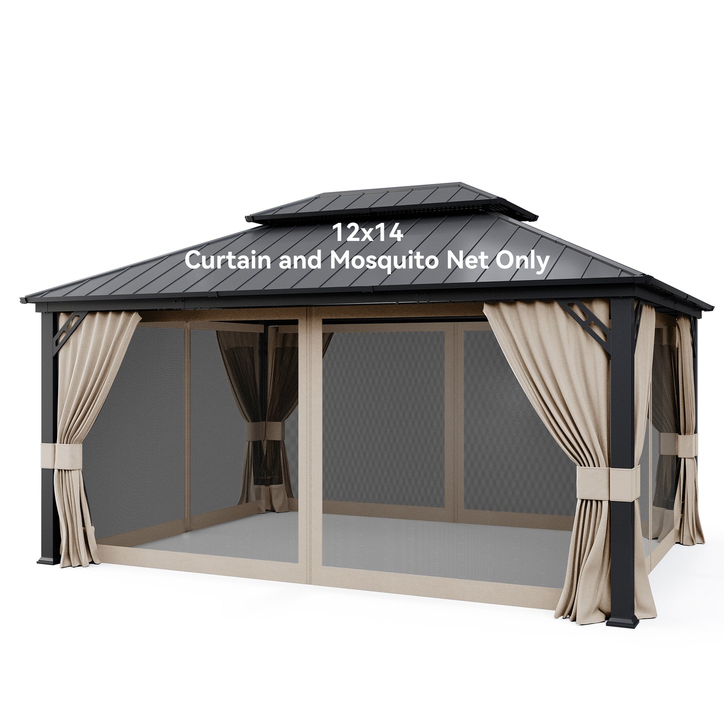 ALAULM 12'x14' Hardtop Gazebo Grey Privacy Curtains with Black Mosquito Netting, 4-Panels Side Wall Universal Gazebo Side Panels Replacement for Patio Outdoor Canopy Garden (Curtain Only)