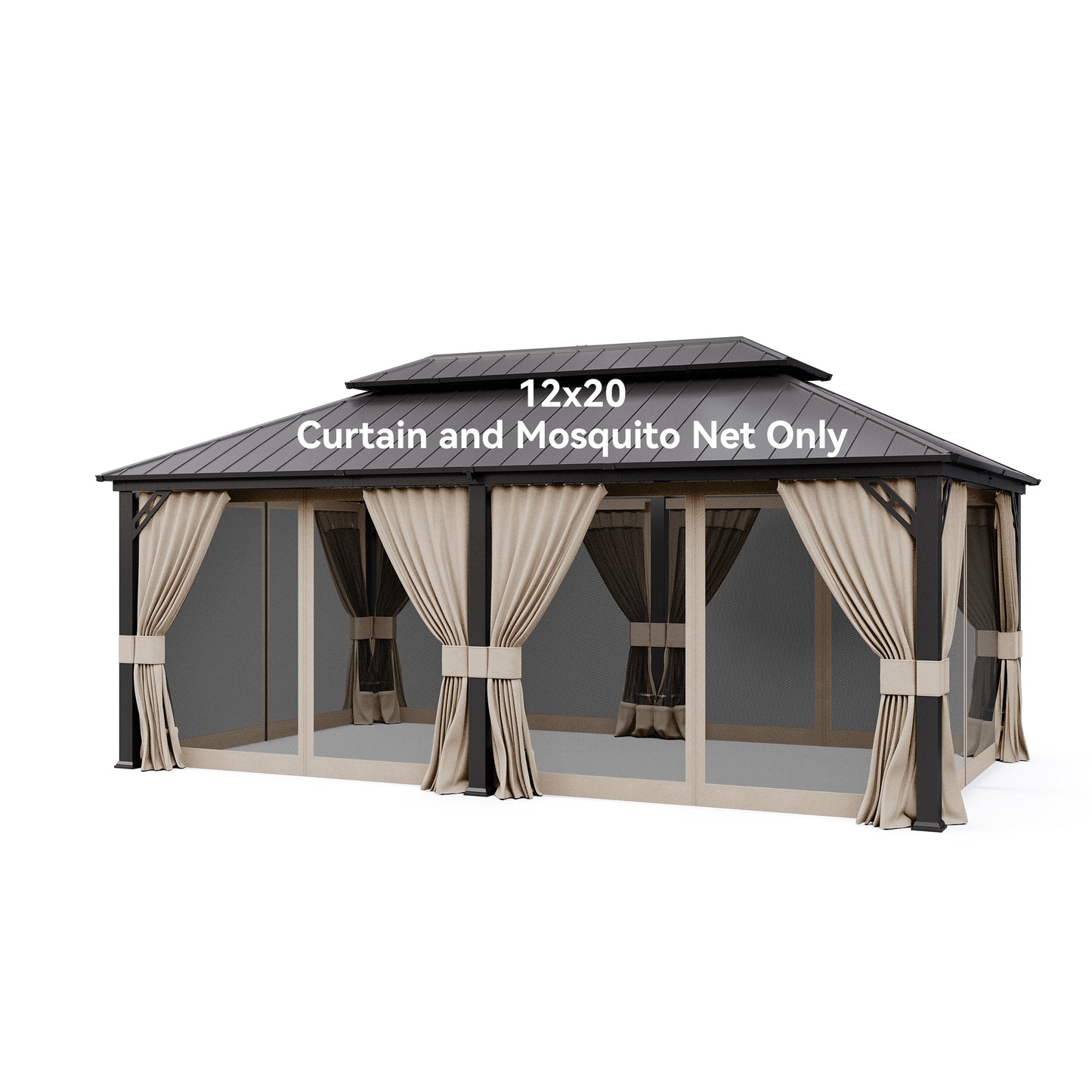 ALAULM 12'x20' Hardtop Gazebo Sand Privacy Curtains with Brown Mosquito Netting, 4-Panels Side Wall Universal Gazebo Side Panels Replacement for Patio Outdoor Canopy Garden (Curtain Only)