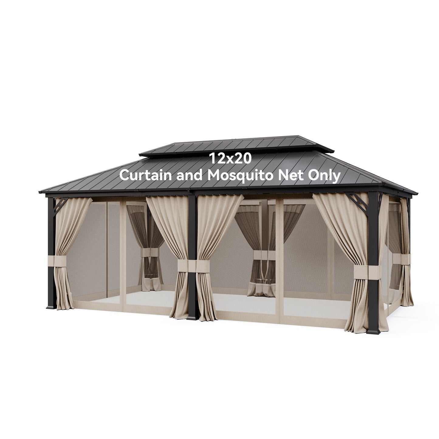 ALAULM 12'x20' Hardtop Gazebo Sand Privacy Curtains with Brown Mosquito Netting, 4-Panels Side Wall Universal Gazebo Side Panels Replacement for Patio Outdoor Canopy Garden (Curtain Only)