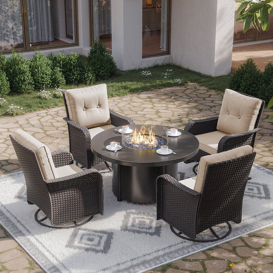 ALAULM 7 Pieces Outdoor Patio Furniture Set with 40000 BTU Round Fire Pit Table, Outdoor Swivel Glider Chair with Side Table, Patio Conversation Sets for Porch Deck Backyard